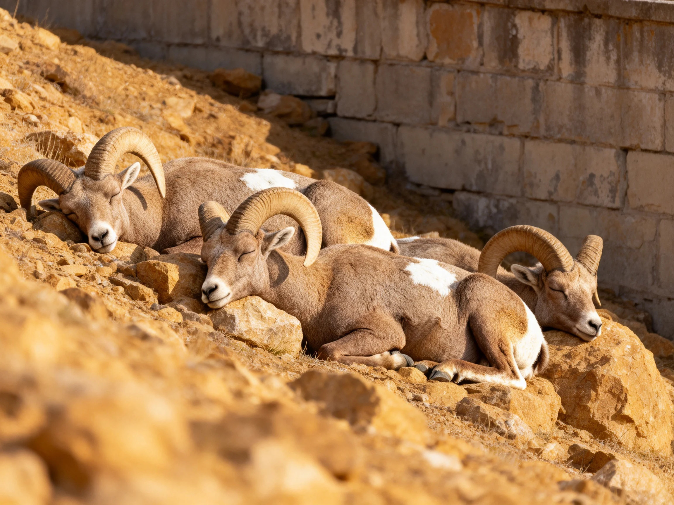 Three Bighorn Sheep Resting on Sunlit Rocky Slope