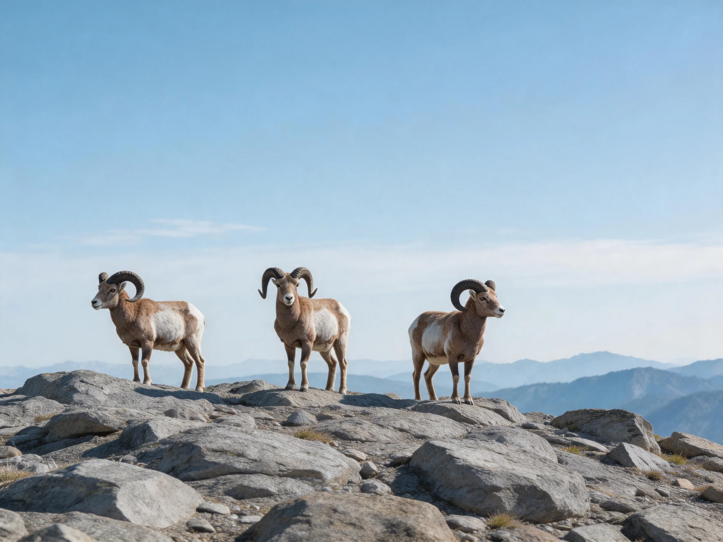 Three Bighorn Sheep on a Rocky Summit with Mountainous Background