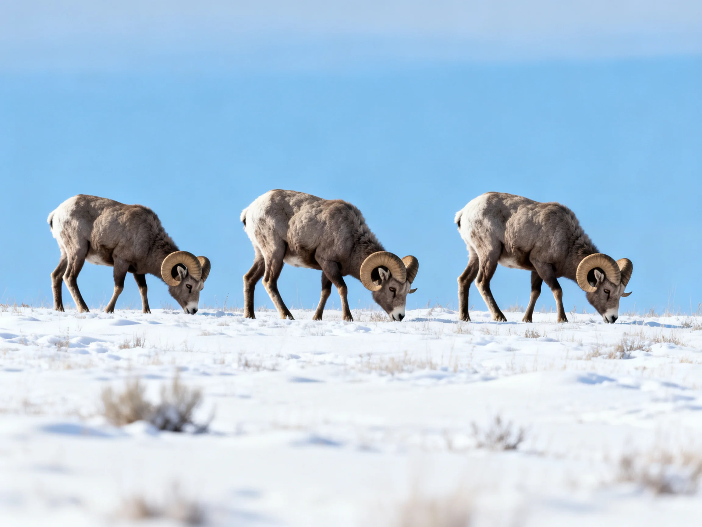 Three bighorn rams graze on a snow-covered hillside under clear blue sky
