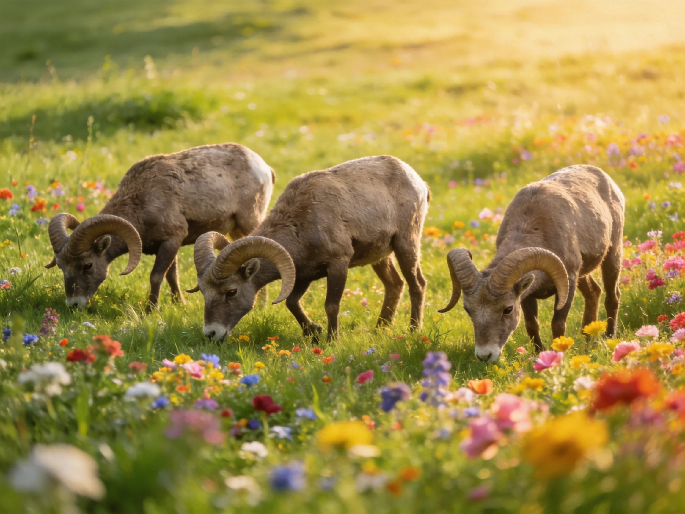 Three bighorn sheep graze in a vibrant wildflower meadow