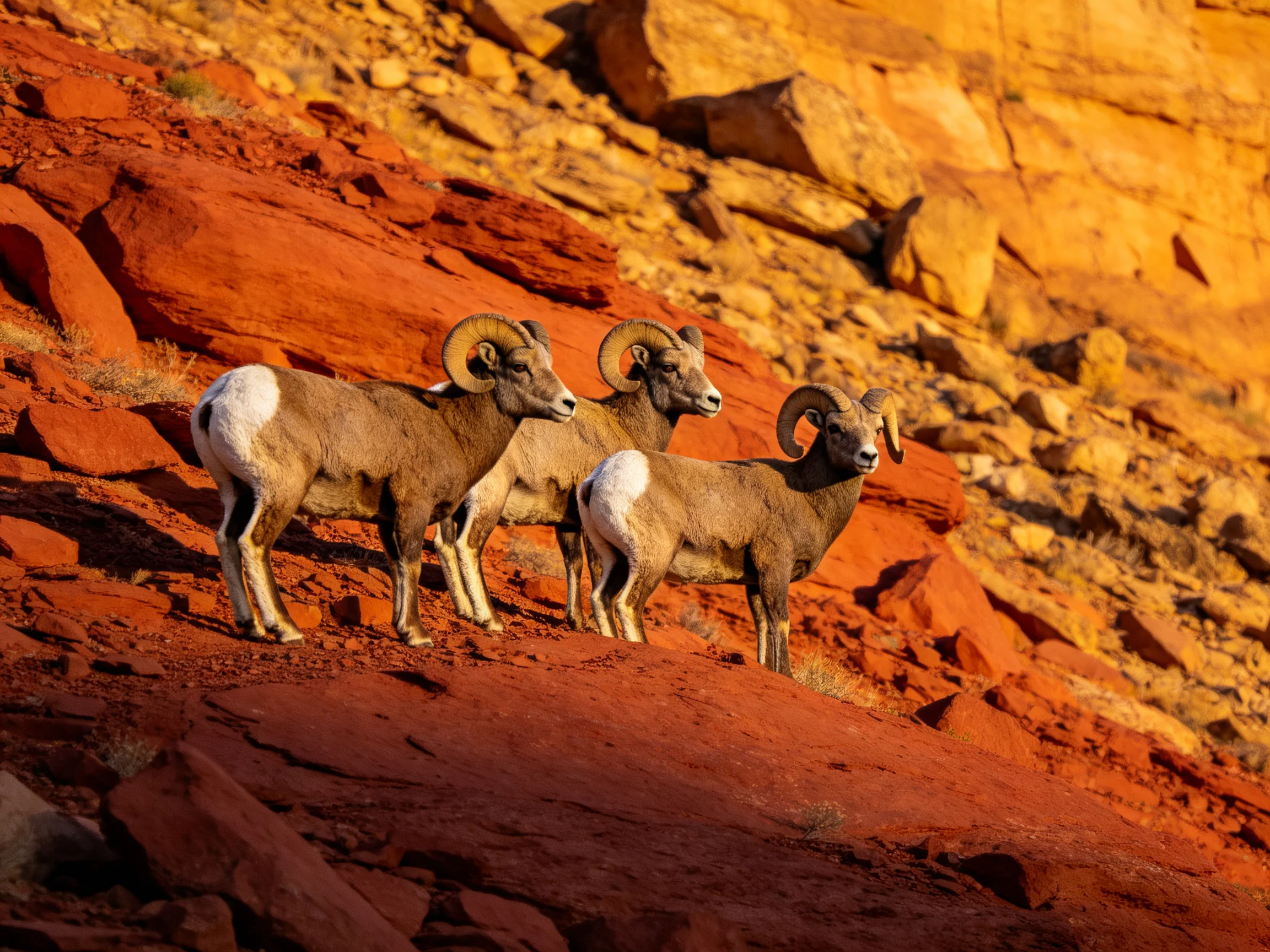 Three bighorn sheep on vibrant red rock formations