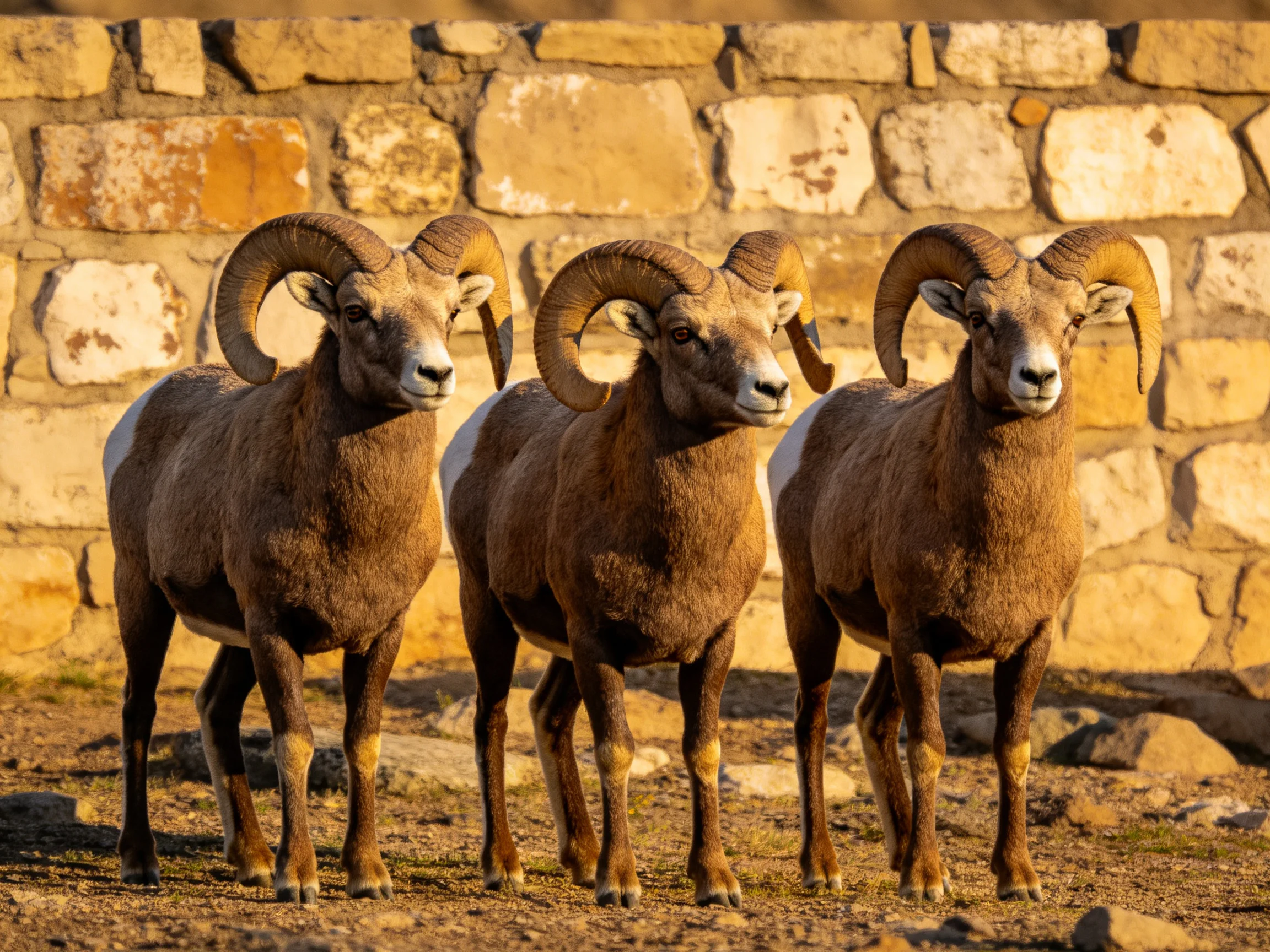 Three bighorn sheep stand before an aged stone wall with golden lighting