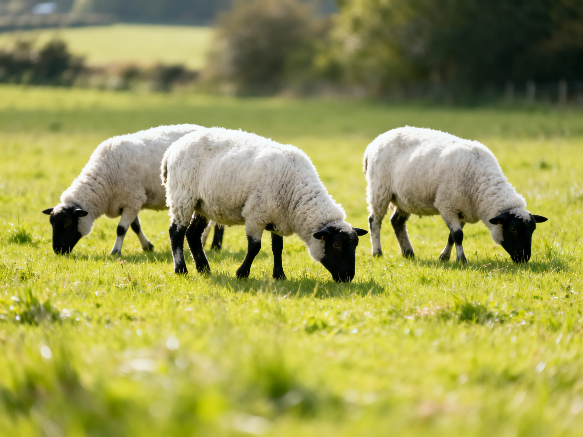 Three black-faced sheep graze in a sunlit green pasture