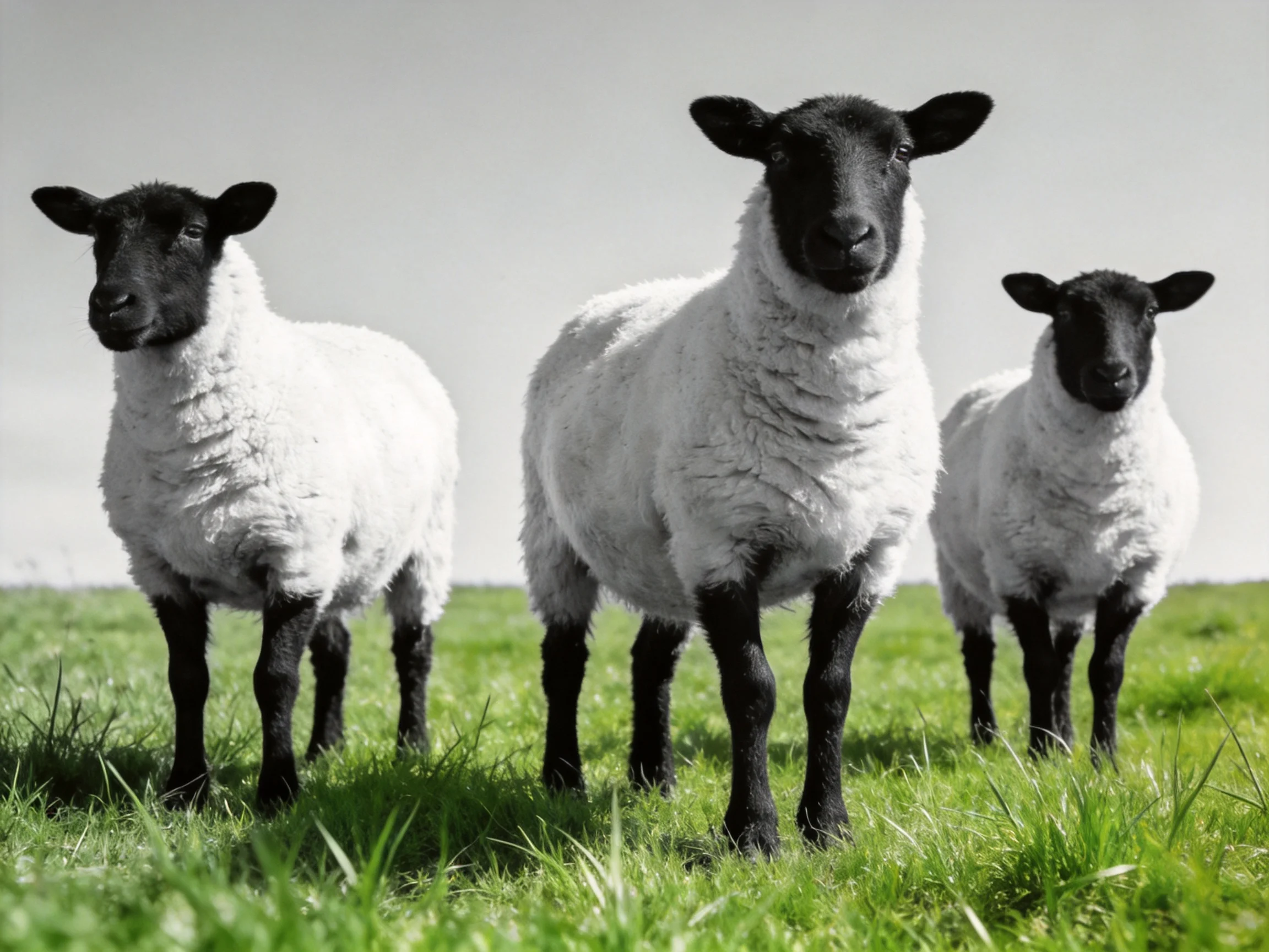 Three black-faced sheep stand in a lush green field