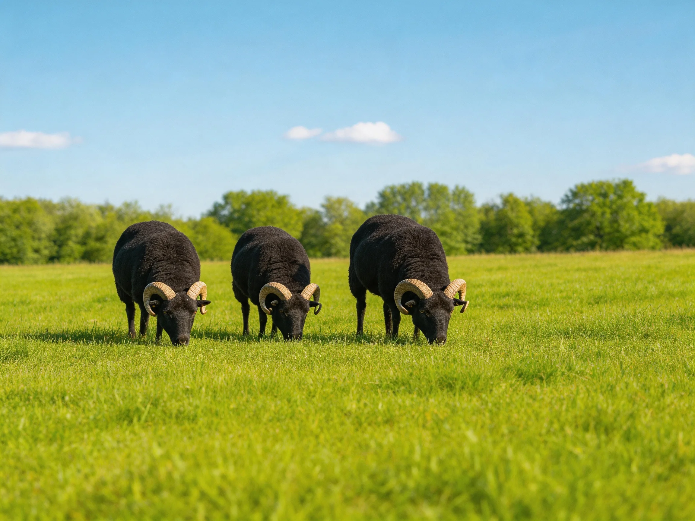 Three black horned sheep graze in a lush green meadow