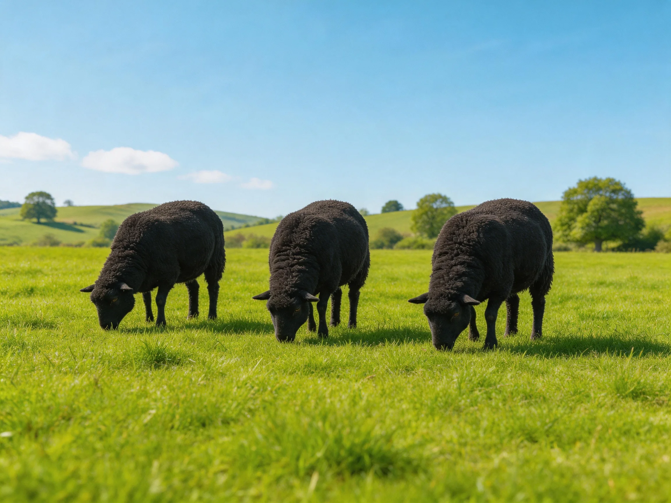 Three black sheep graze in a bright green meadow