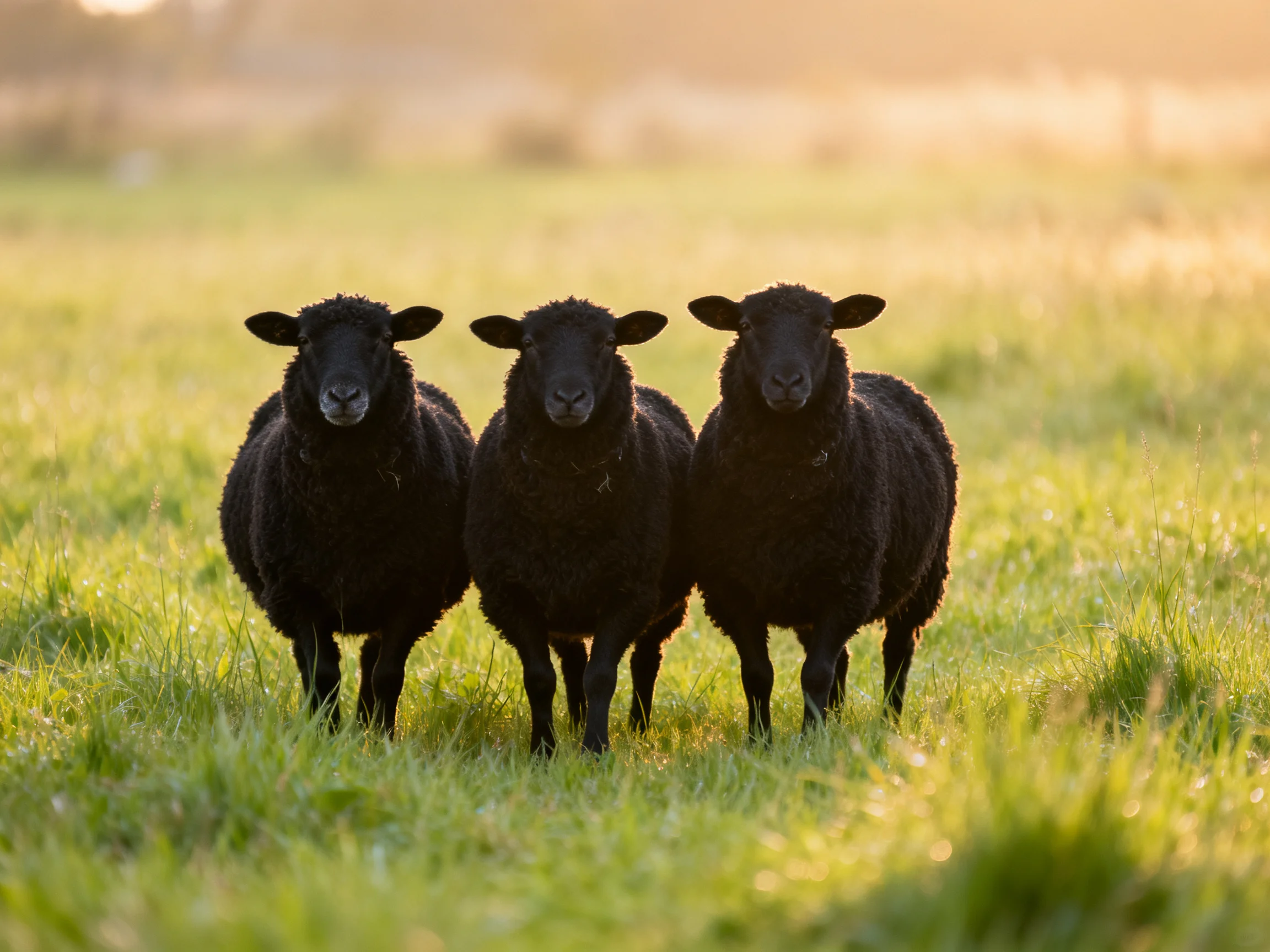 Three black sheep standing together in a sunlit meadow