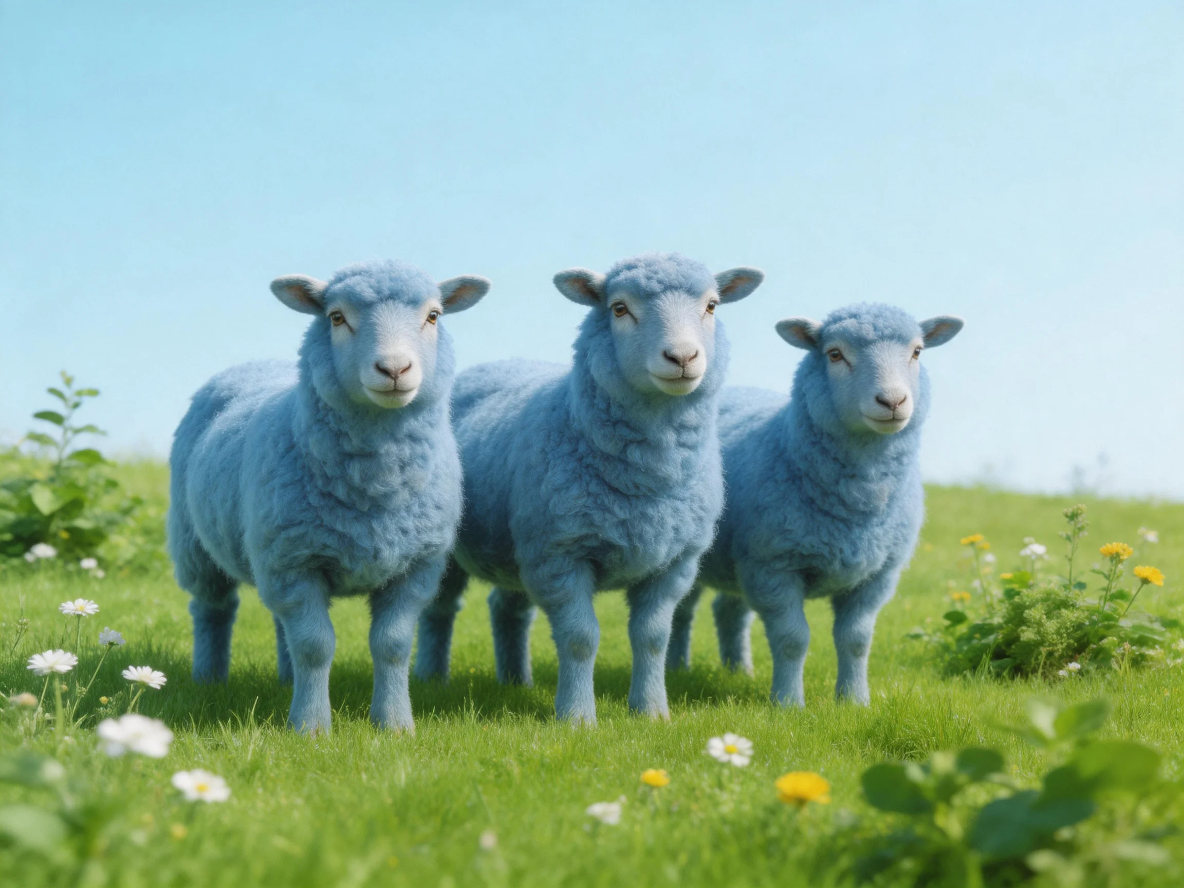 Three blue sheep in a lush green meadow with wildflowers