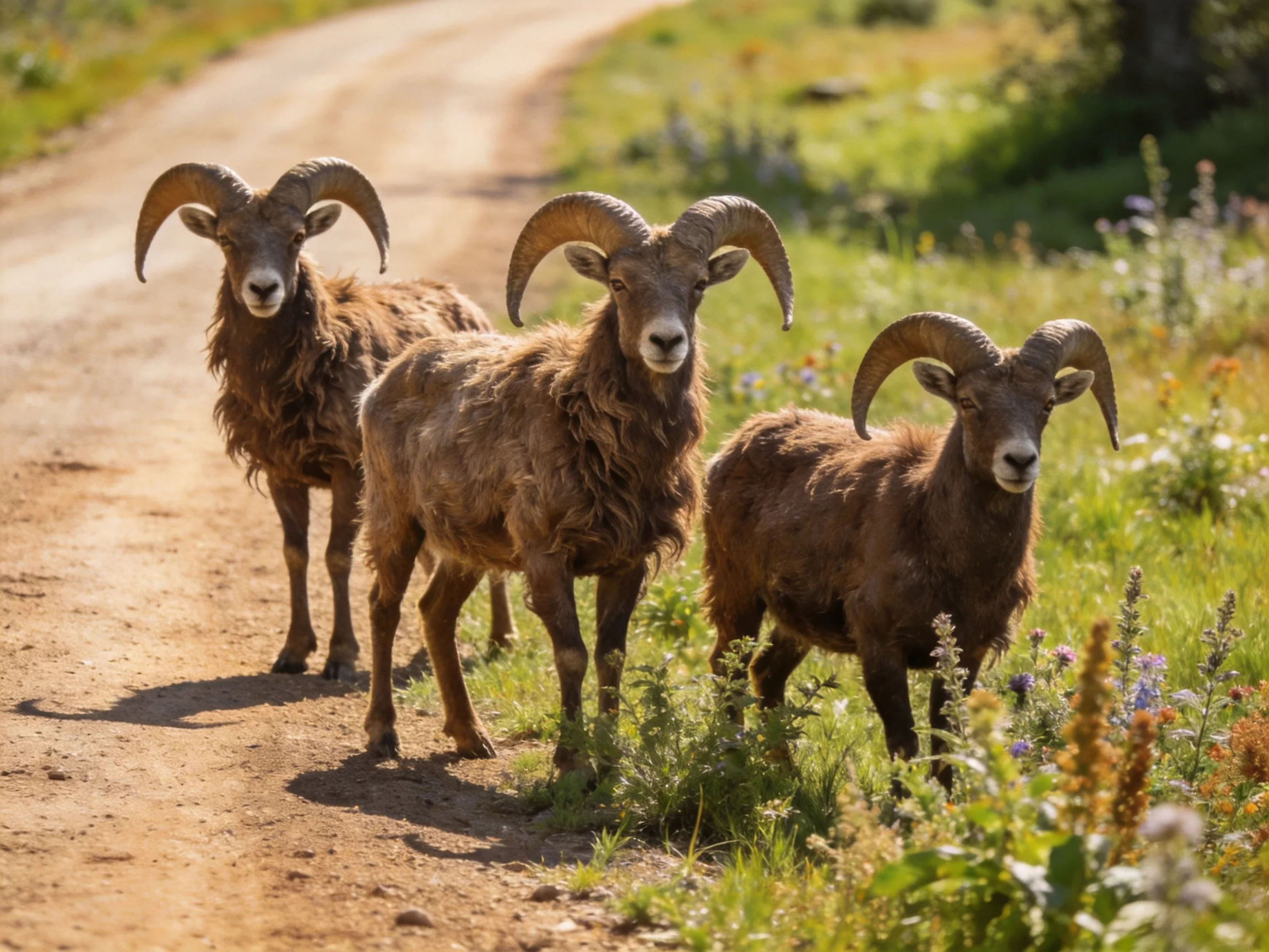 Three brown bighorn rams near a dirt road with wildflowers