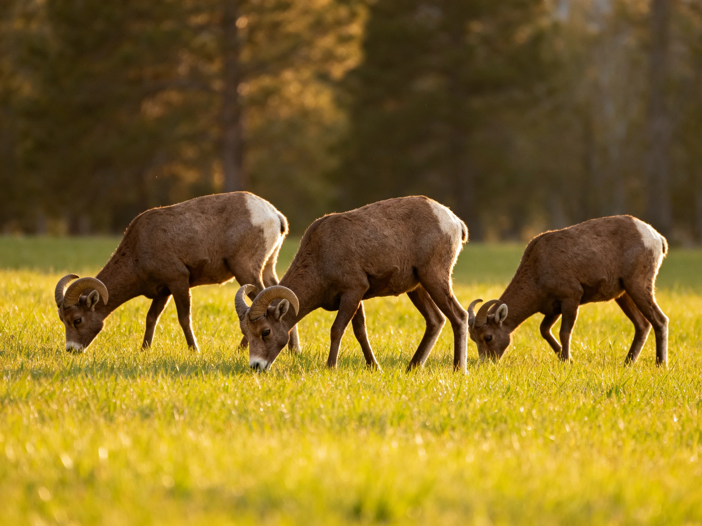 Three brown bighorn sheep graze in a golden meadow near forested trees.
