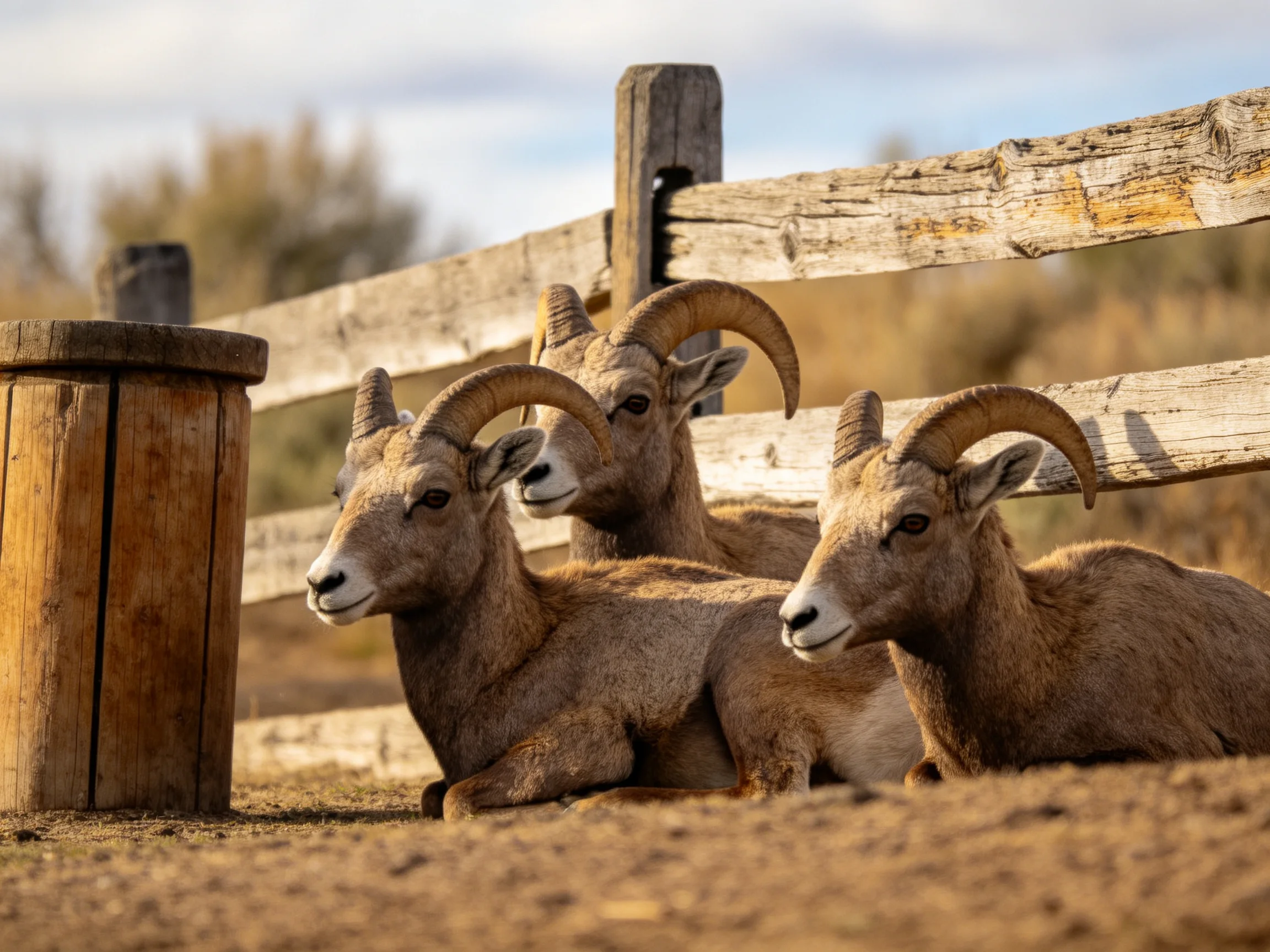 Three brown bighorn sheep rest beside weathered wooden fencing.