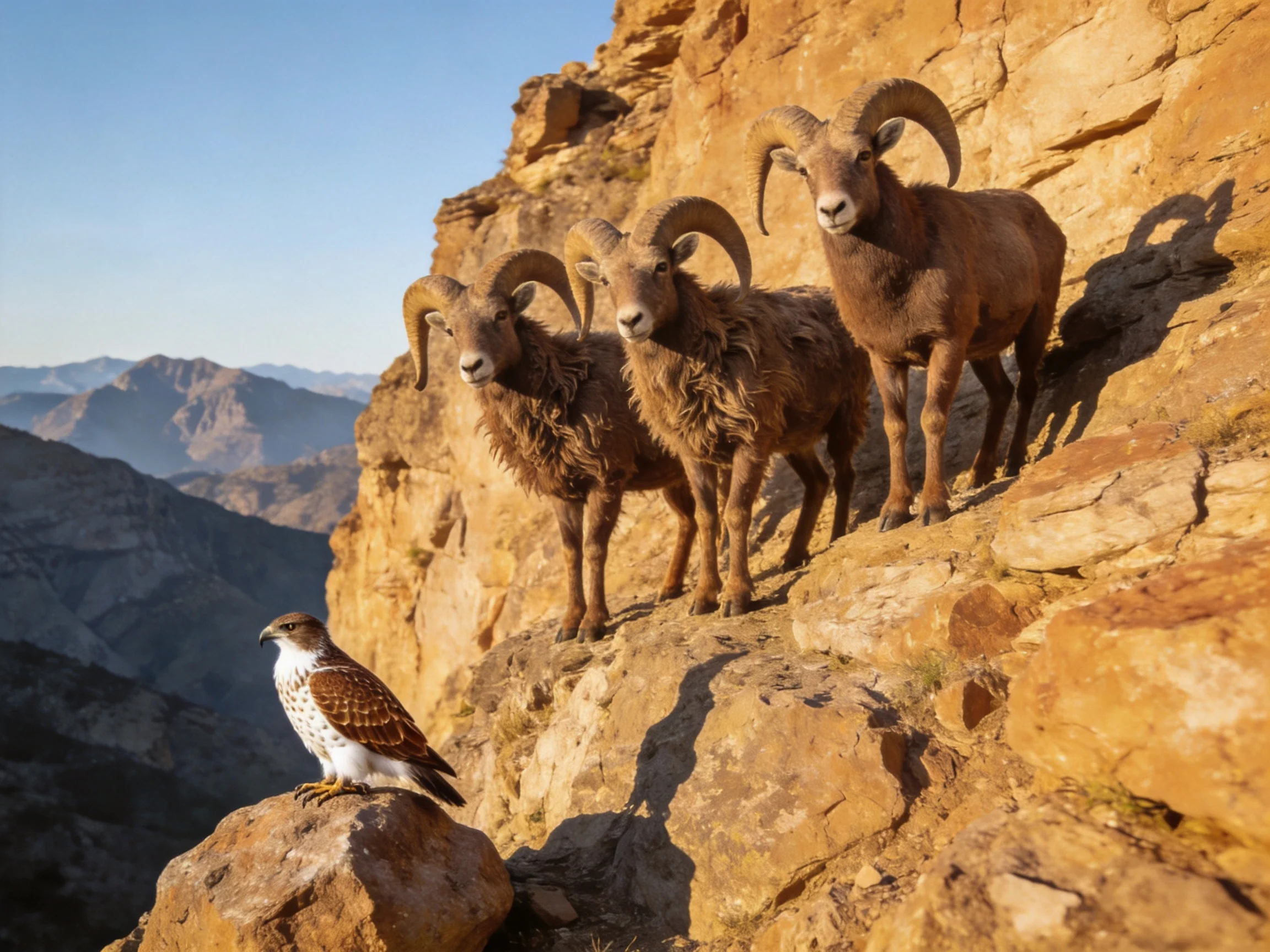 Three brown bighorn sheep stand near a raptor on sunlit rocky cliffs