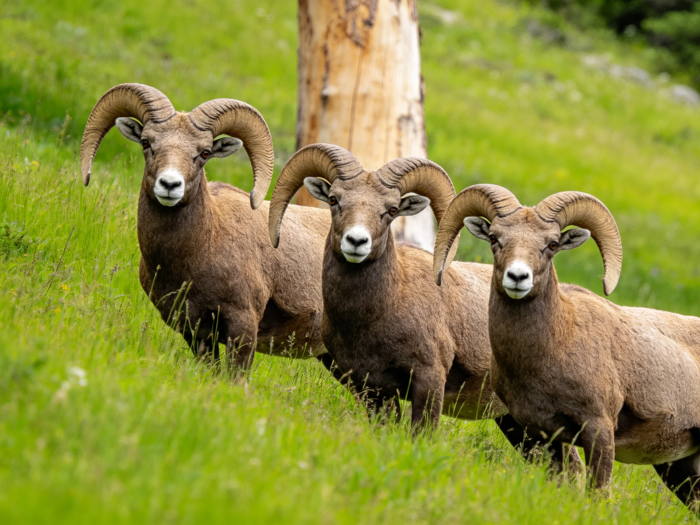 Three brown bighorn sheep with curved horns in green meadow