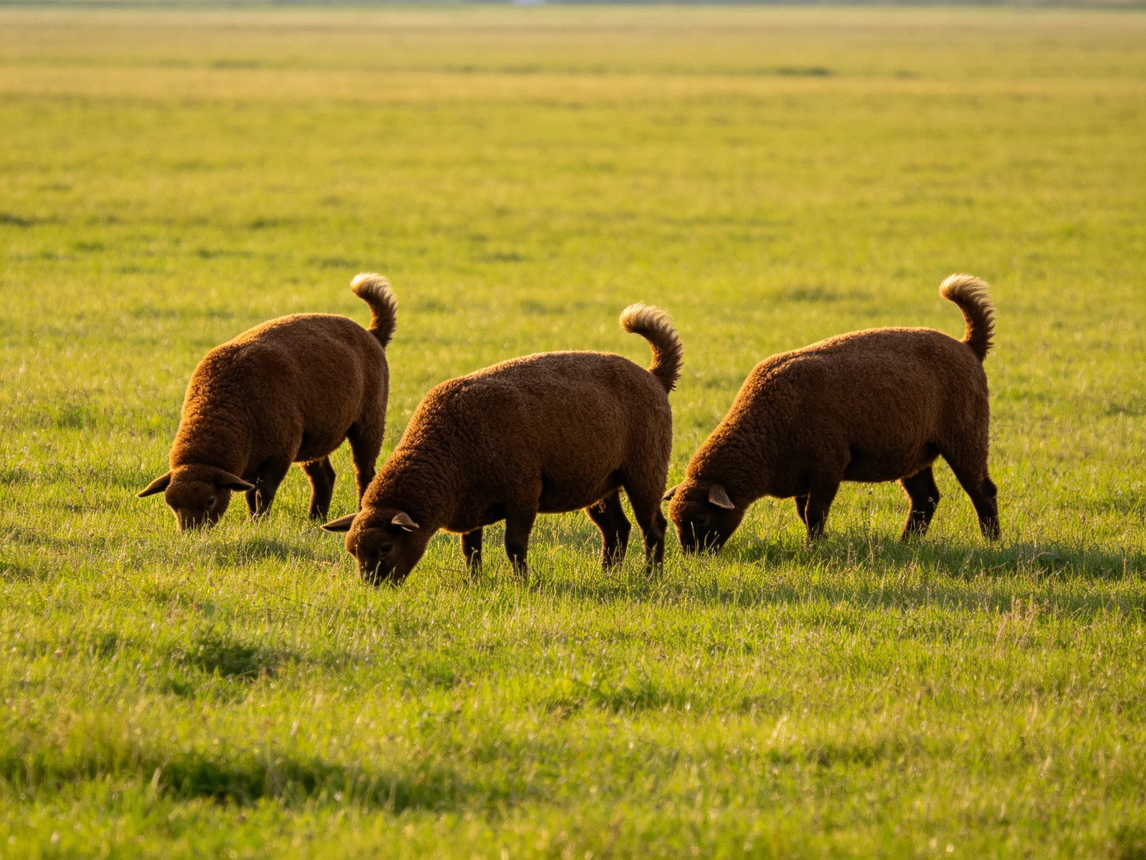 Three brown sheep graze in a lush green pasture