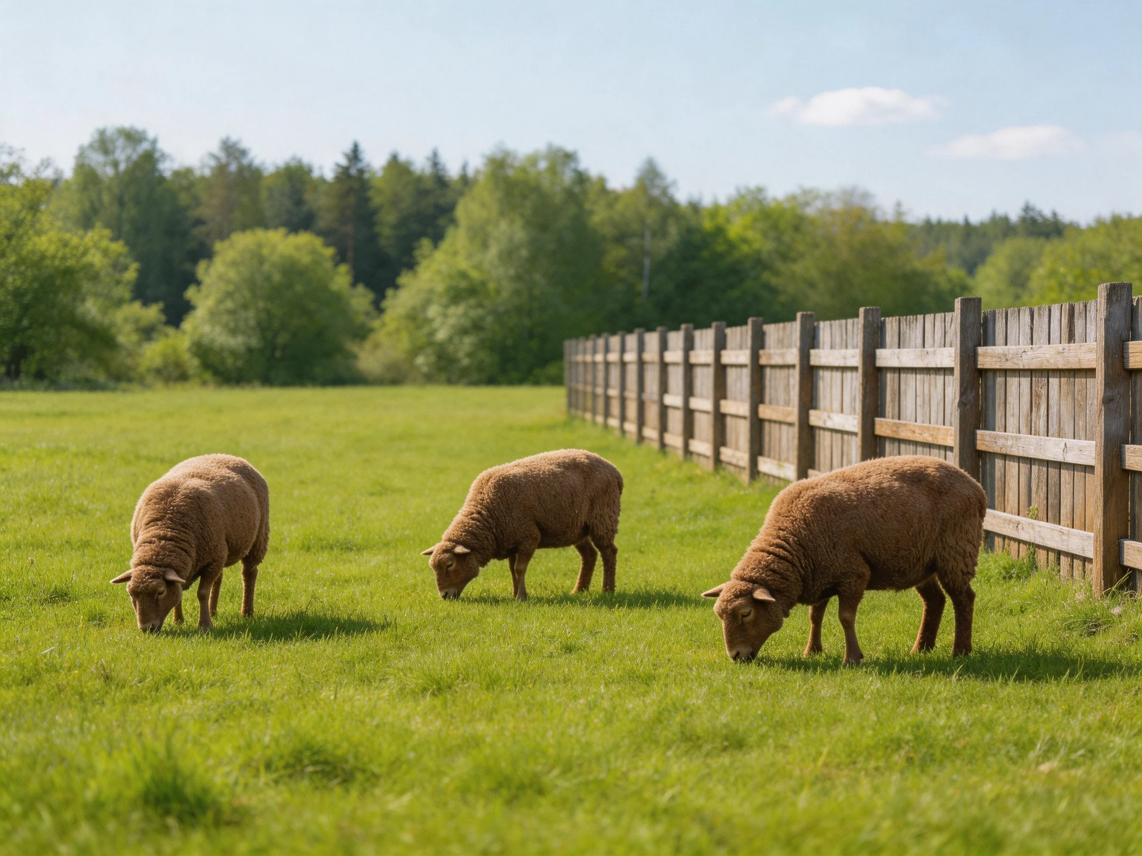 Three brown sheep graze in a green pasture beside a wooden fence