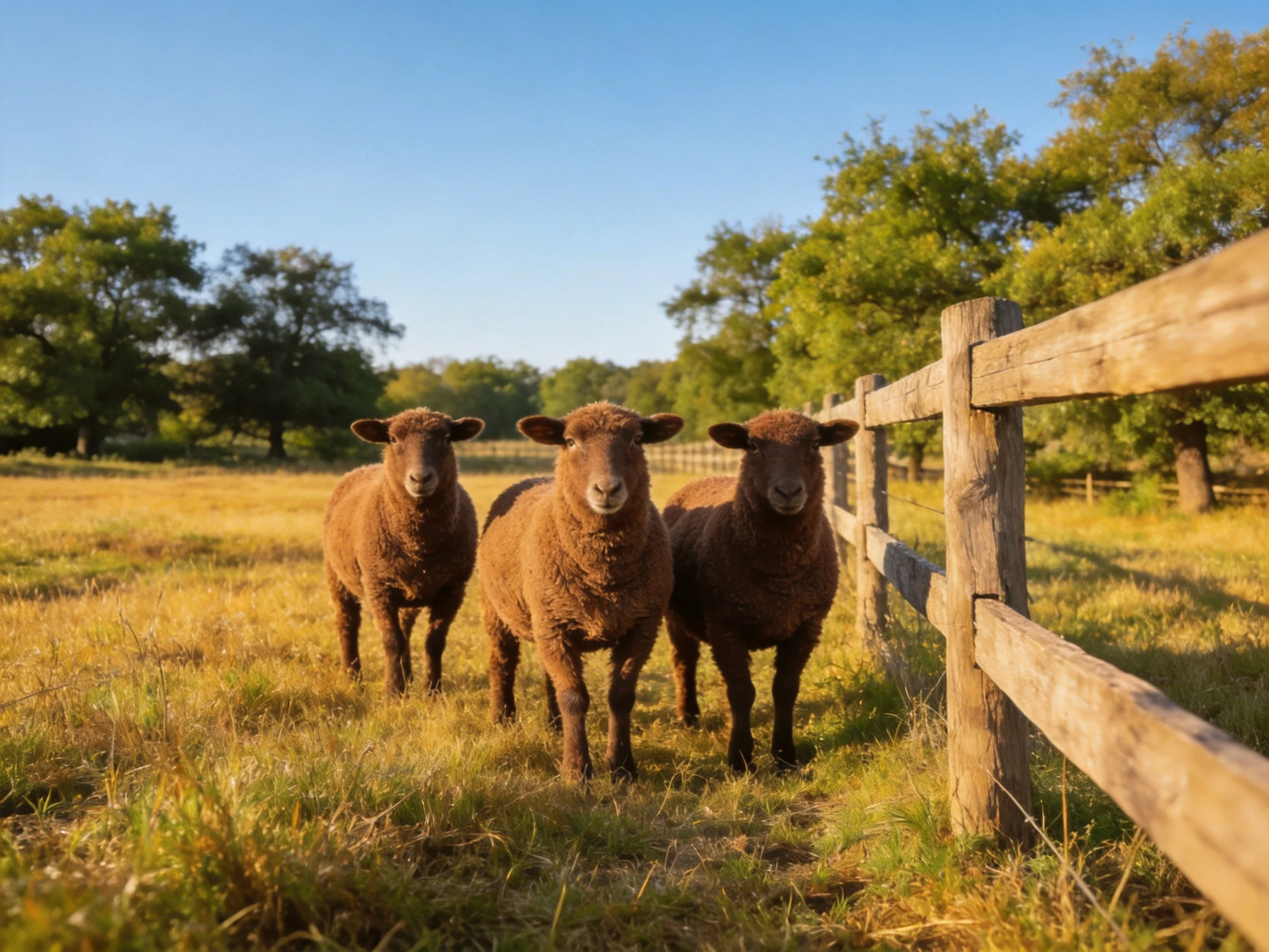 Three brown sheep stand by a wooden fence in a sunlit farm field.