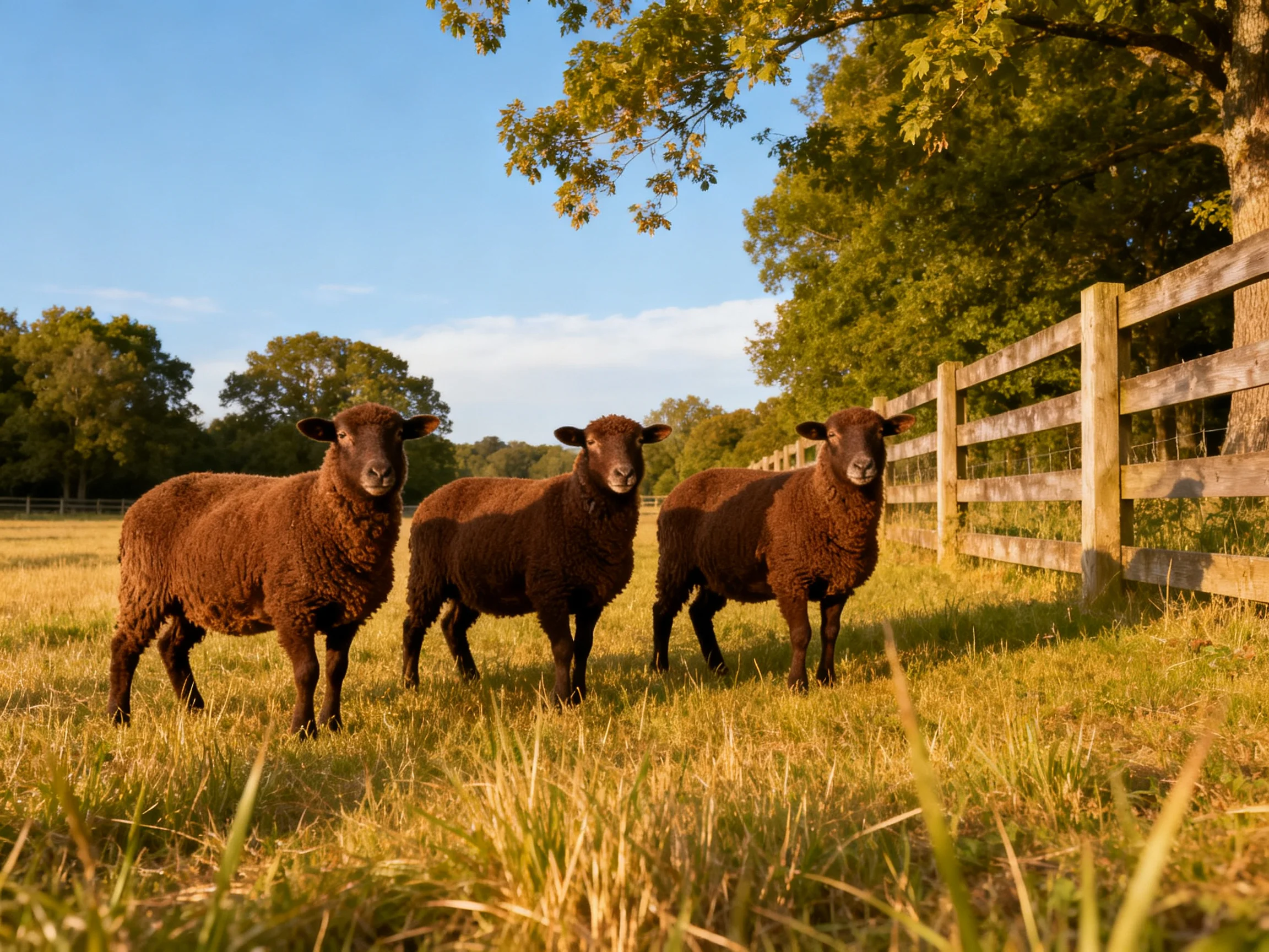 Three brown sheep near a wooden fence in a sunny field