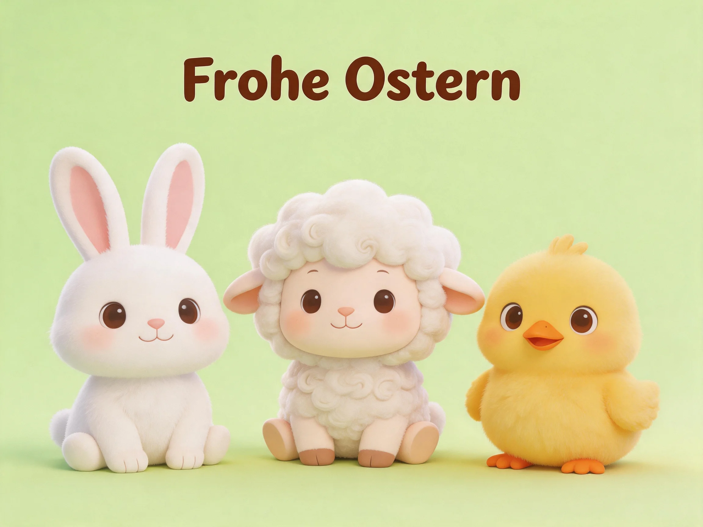 Three cartoon Easter animals with Frohe Ostern text on pastel green background