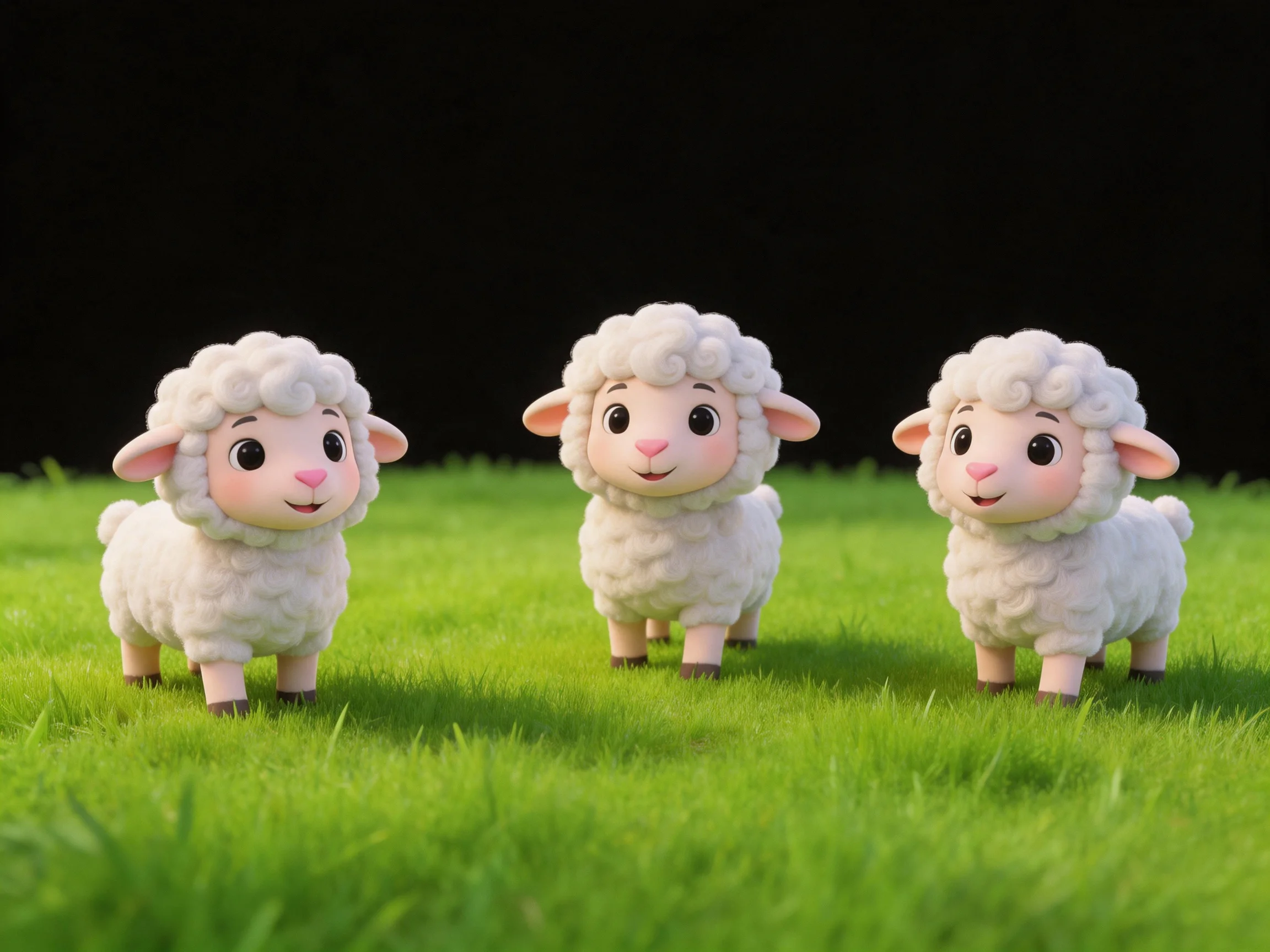 Three cartoon sheep on vibrant green grass with dark backdrop