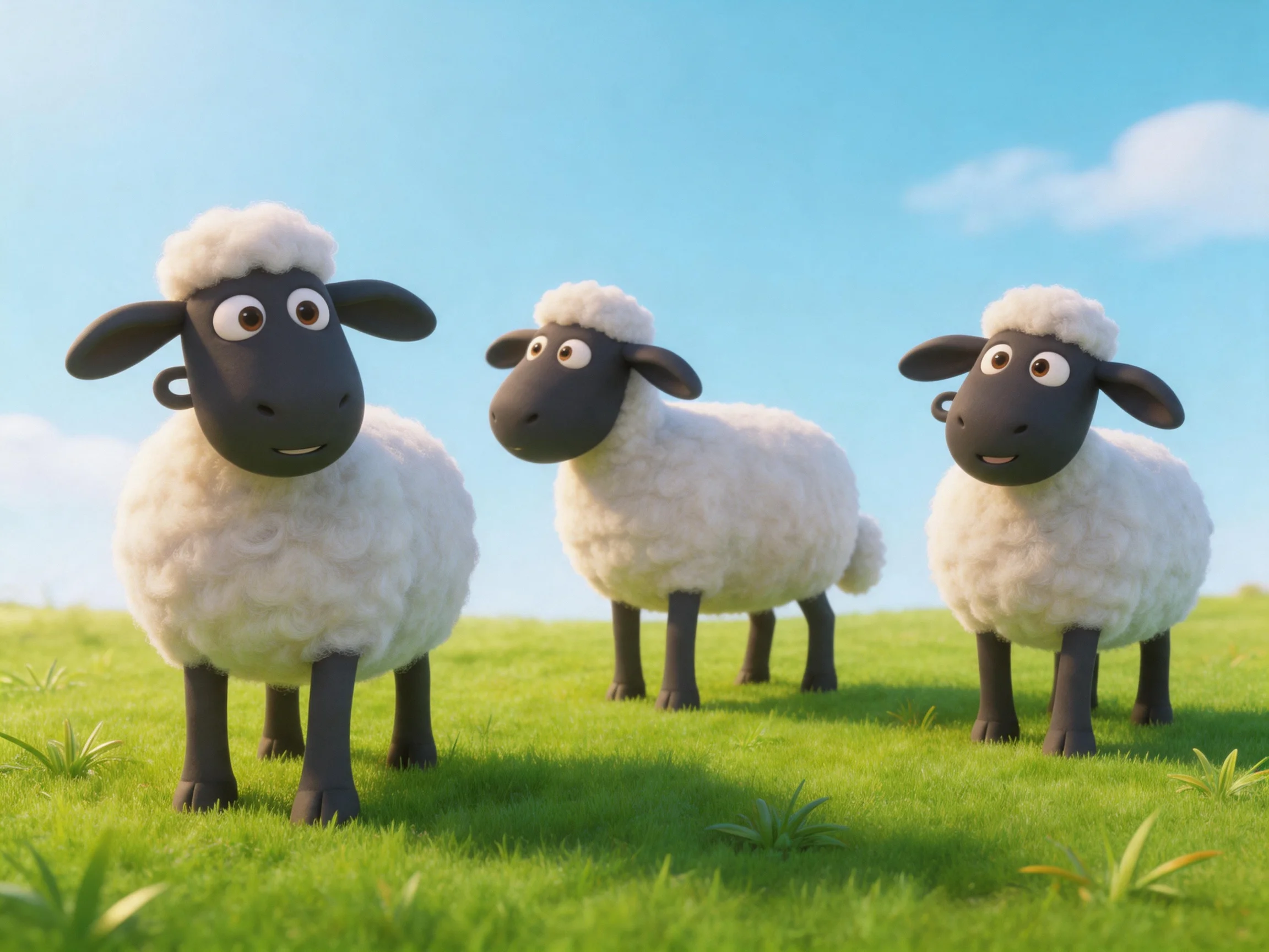 Three cartoon sheep with black faces stand on a lush green meadow