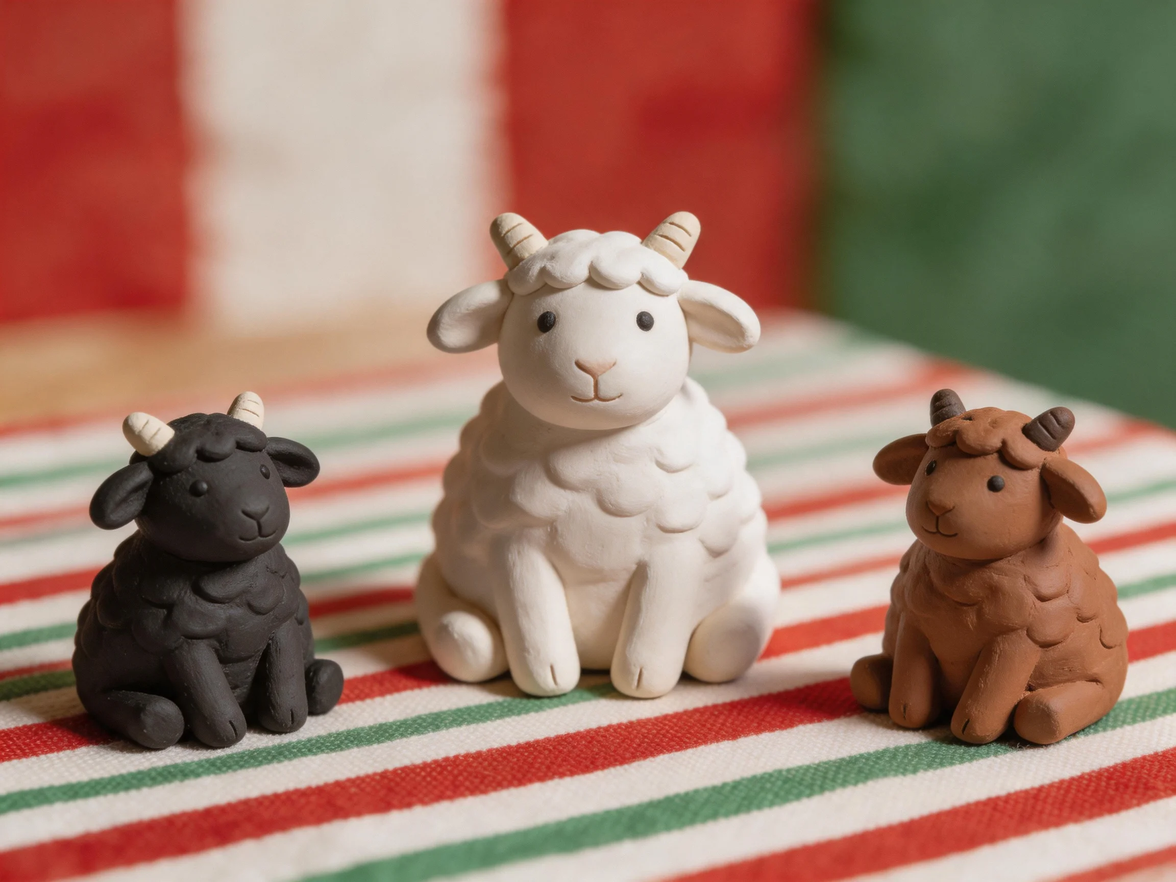 Three ceramic sheep figurines in black, white, brown on striped fabric