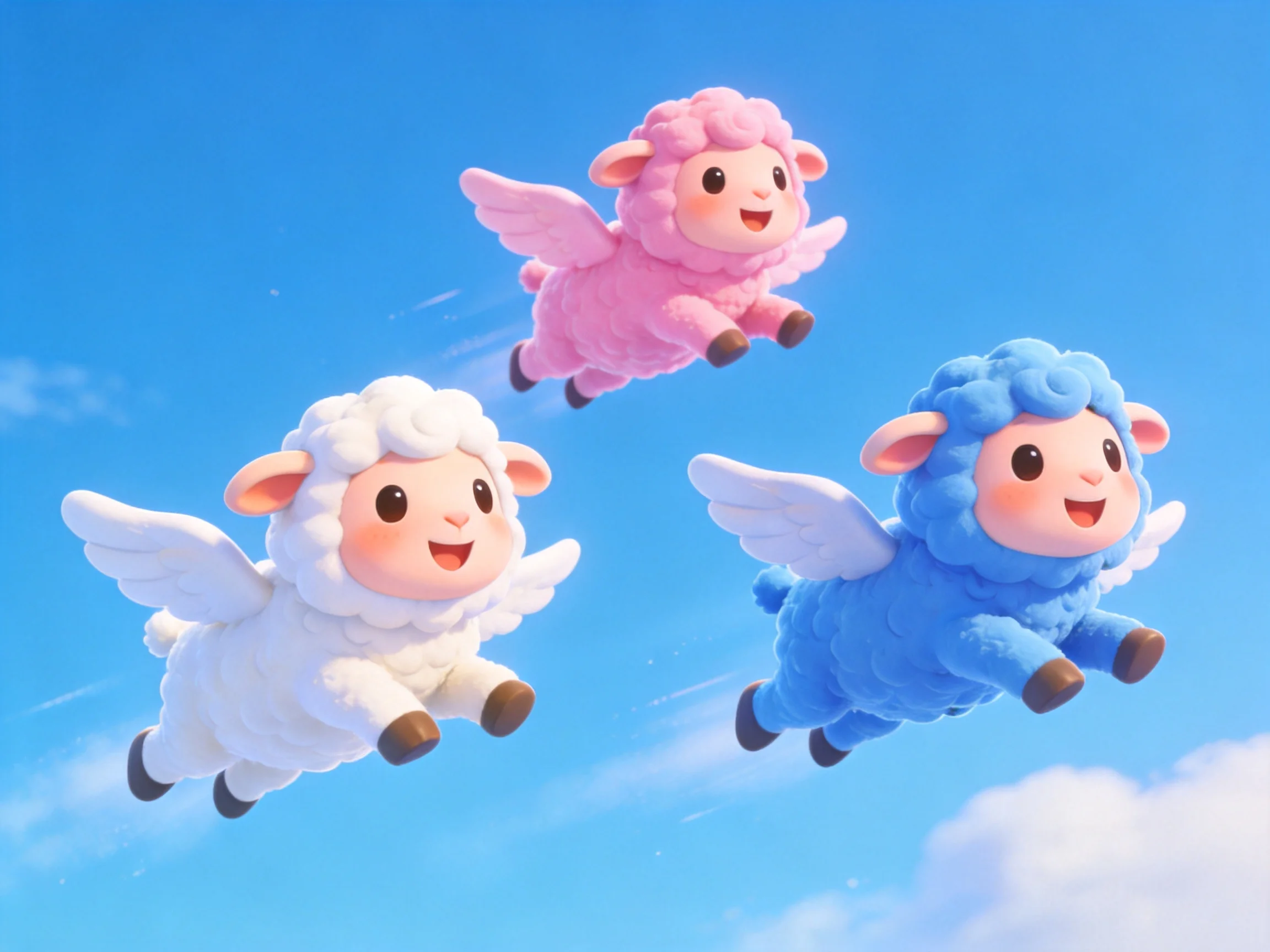 Three colorful winged cartoon lambs soaring in a bright sky