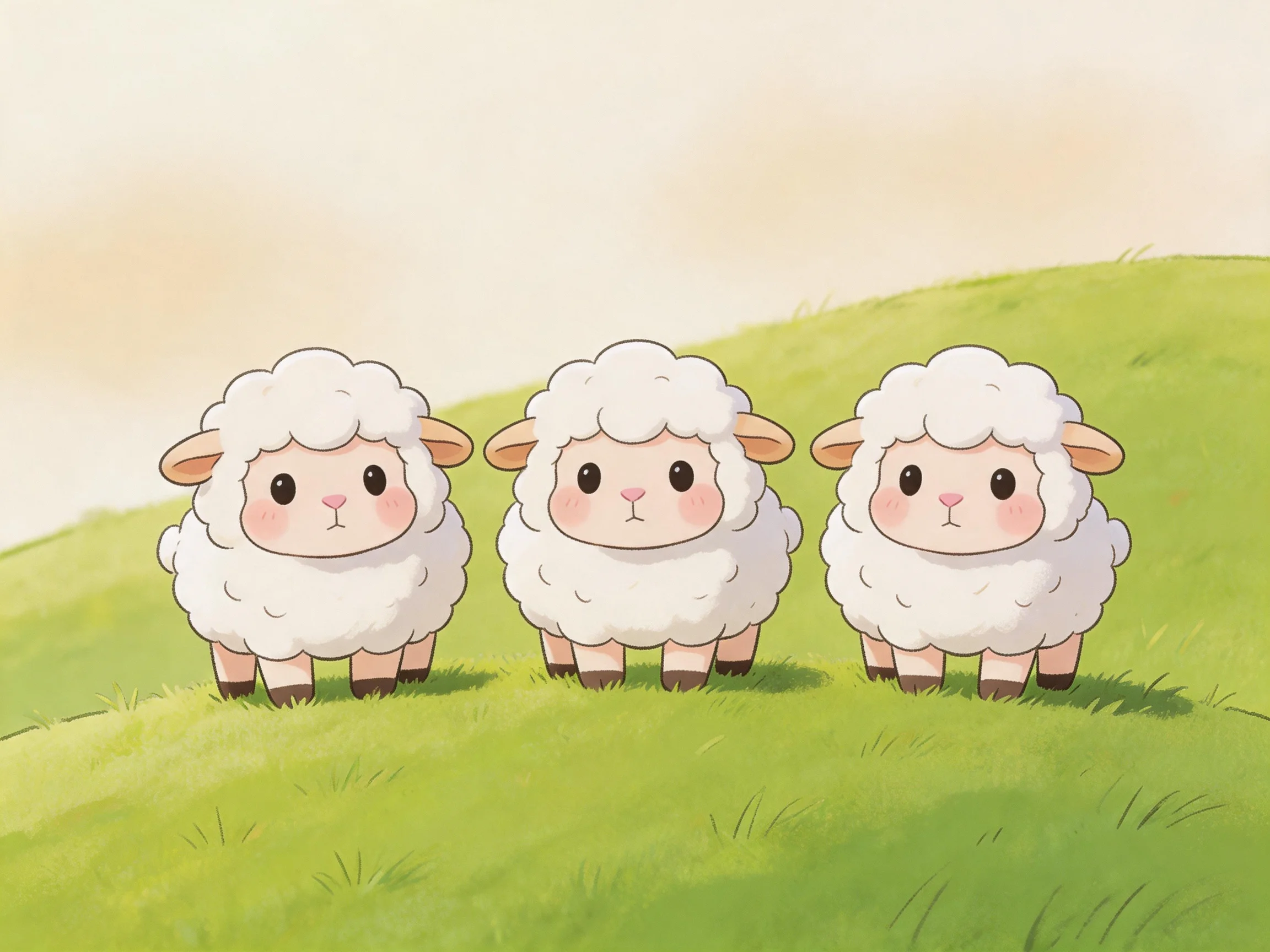 Three cute white sheep stand together on a green hillside.
