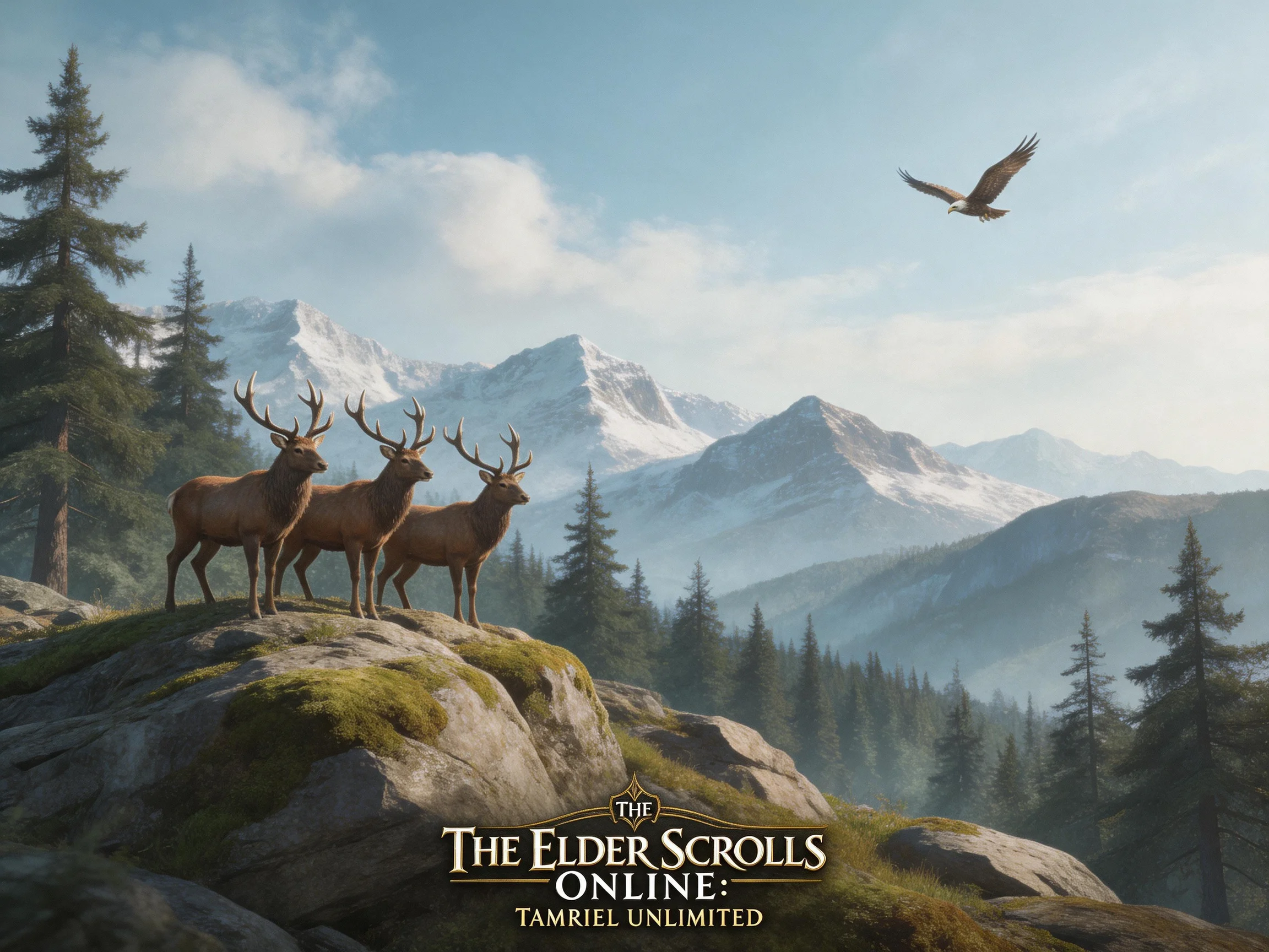 Three deer stand on mossy rocks near snow-capped mountains; The Elder Scrolls Online