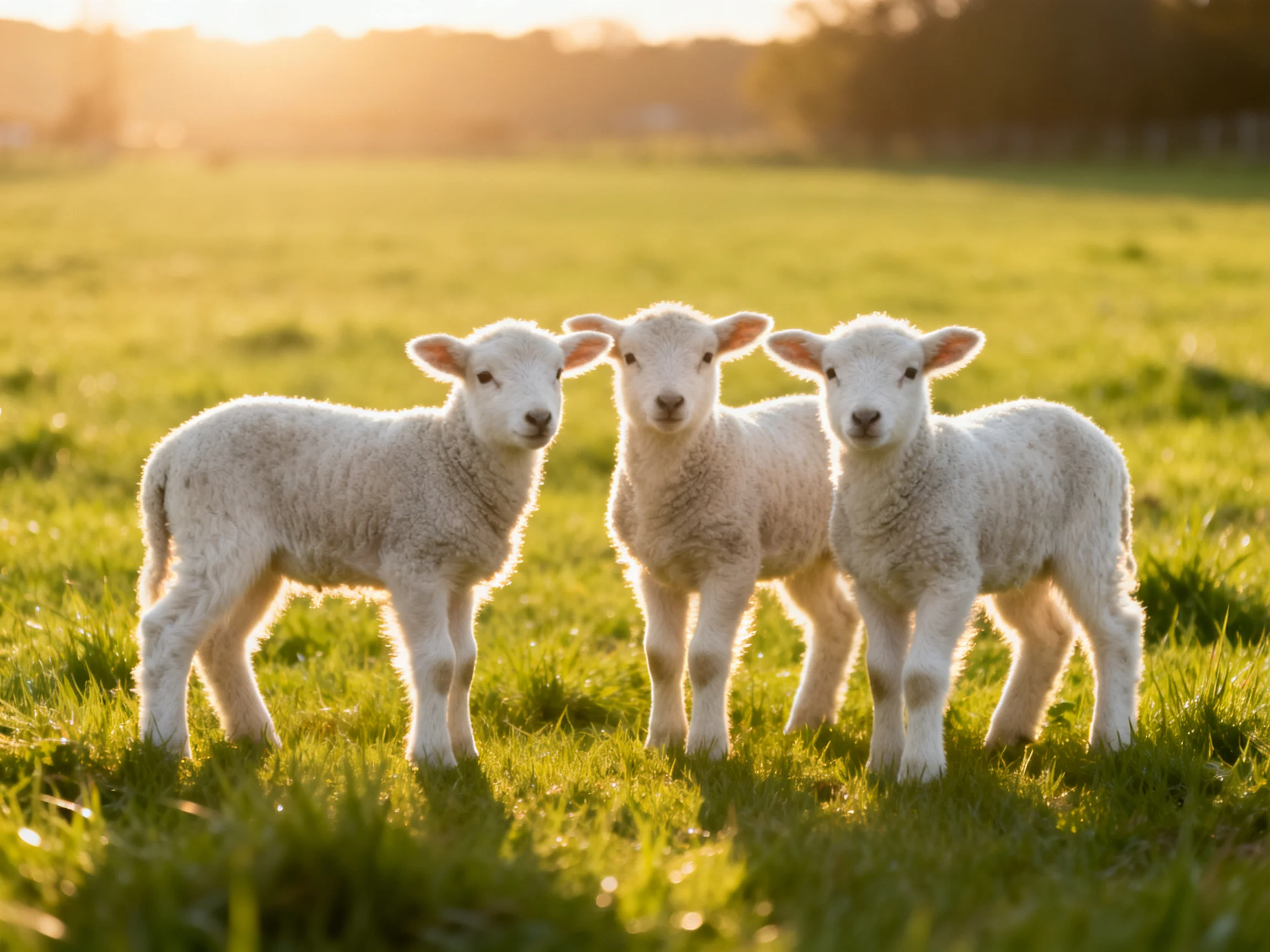 Three fluffy lambs in a sunlit green field