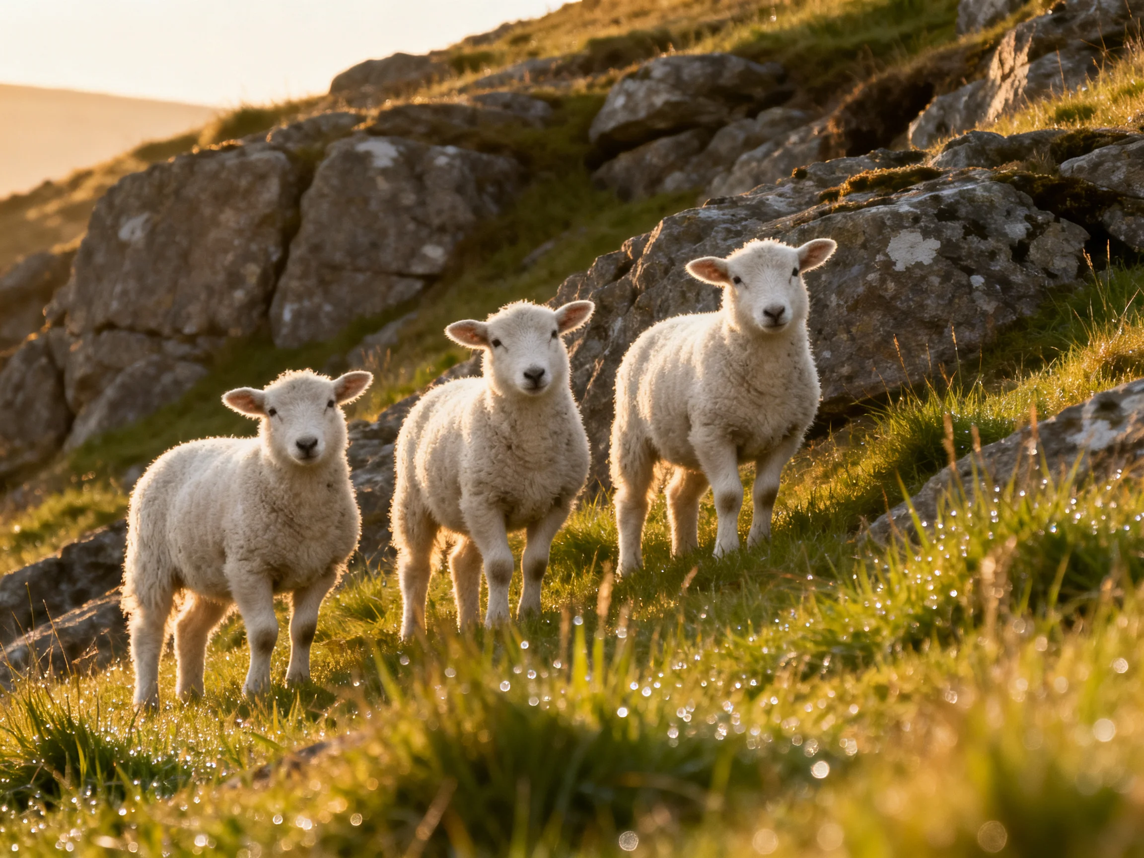 Three fluffy lambs on a rocky, dewy hillside