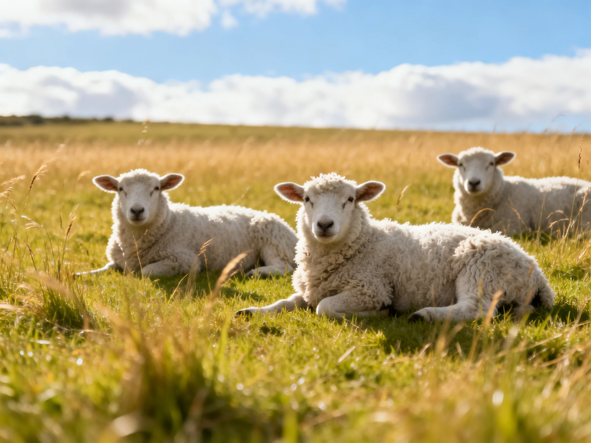 Three fluffy lambs rest in a sunlit golden grassy field