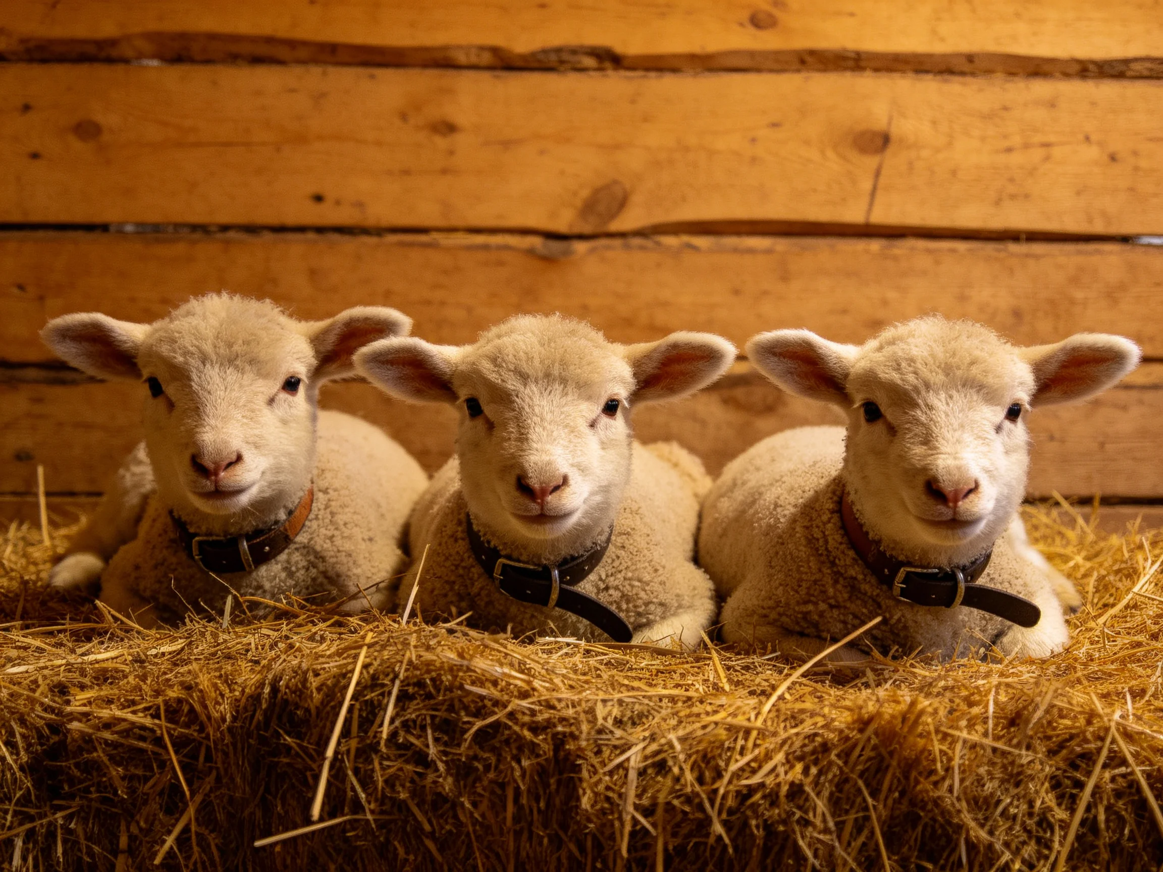 Three fluffy lambs rest on golden straw beside wooden planks
