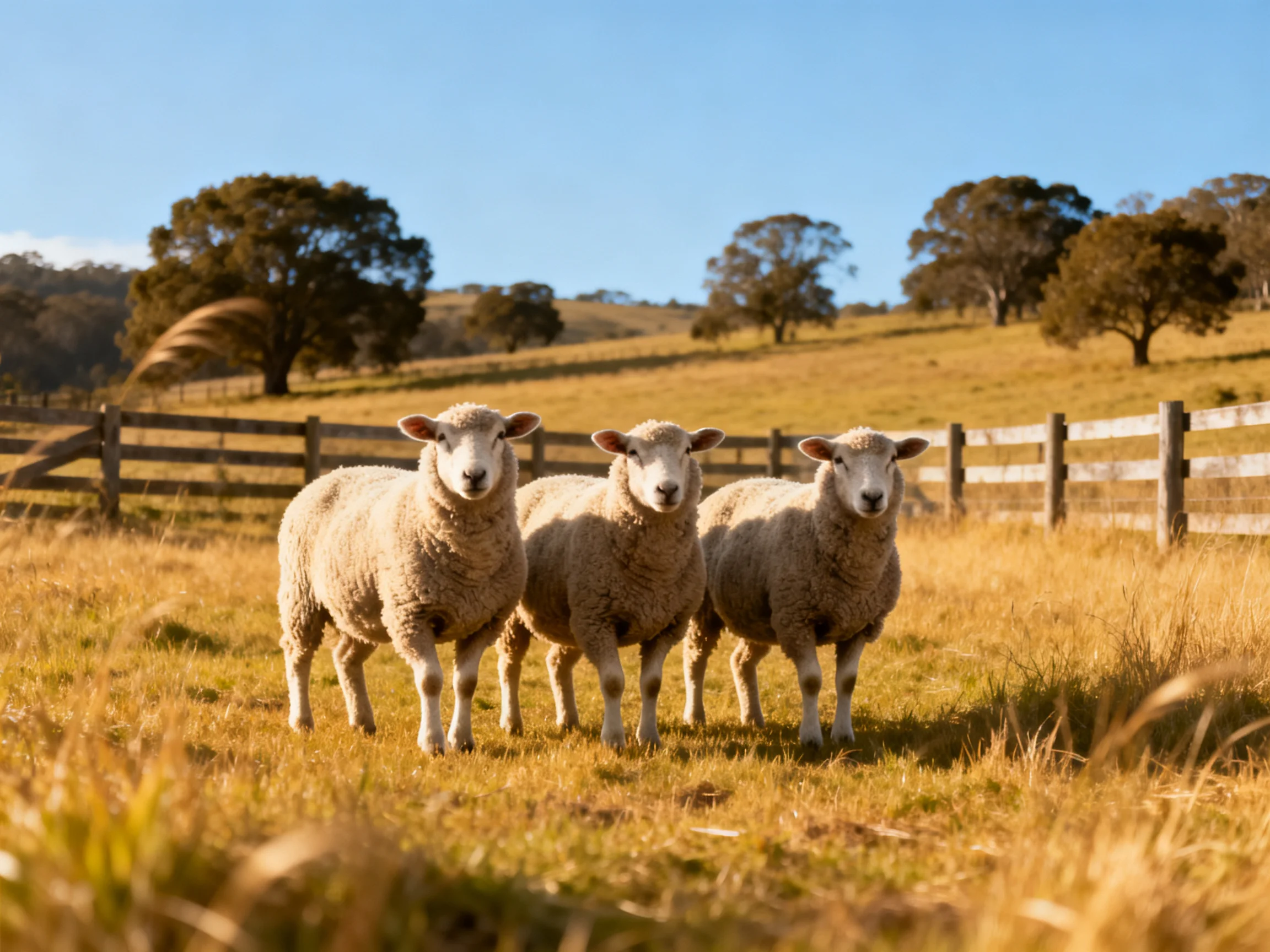Three fluffy sheep in a sunny pastoral field with wooden fences