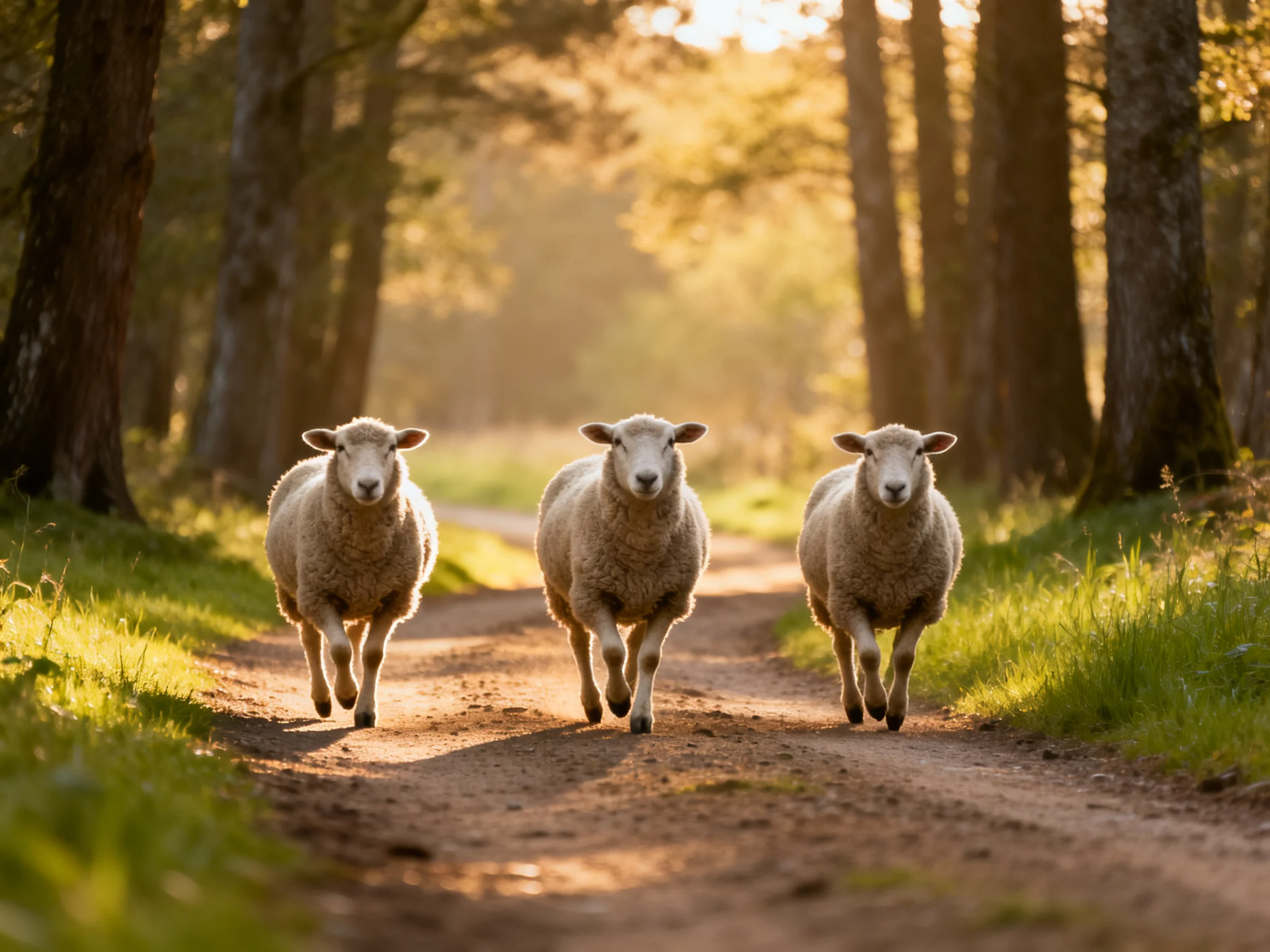 Three fluffy sheep run along a sunlit forest path