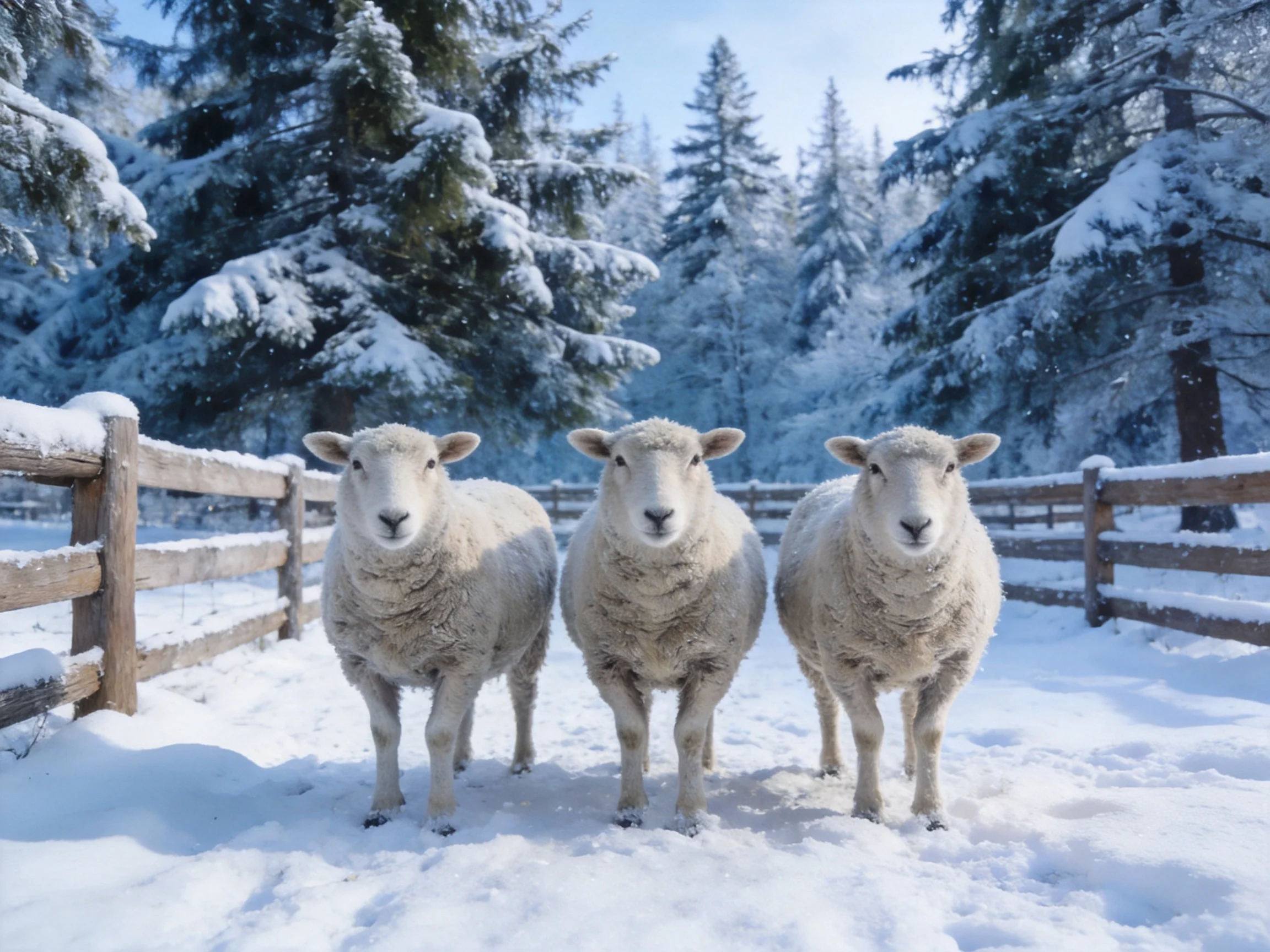 Three fluffy sheep stand in a snowy forest with wooden fences