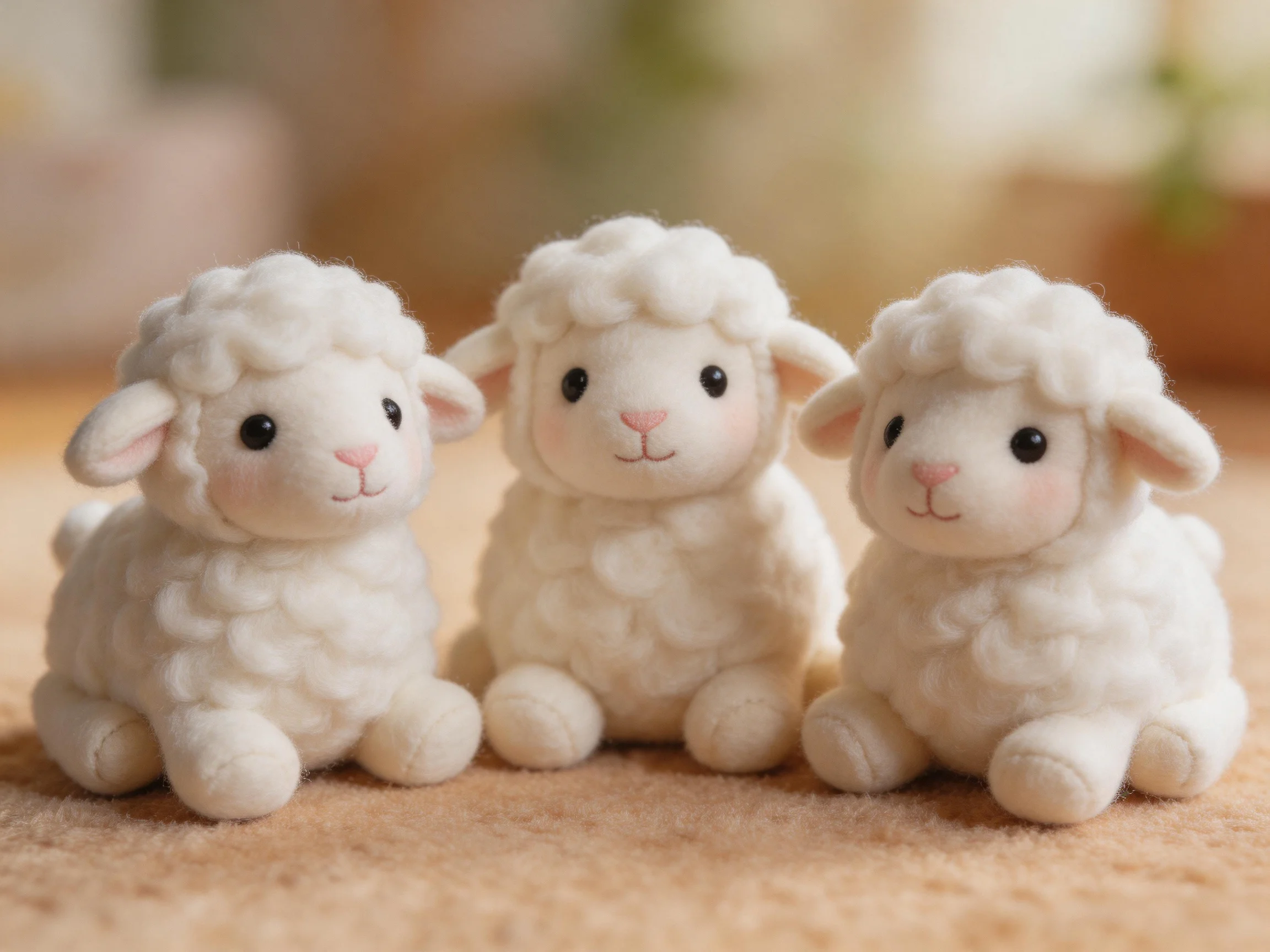 Three fluffy white felt lambs sitting side by side