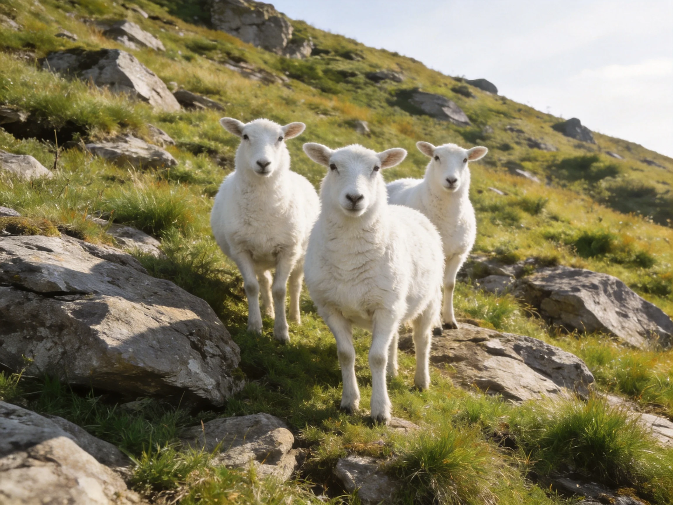 Three white lambs gather near rocks on a sunlit hillside.