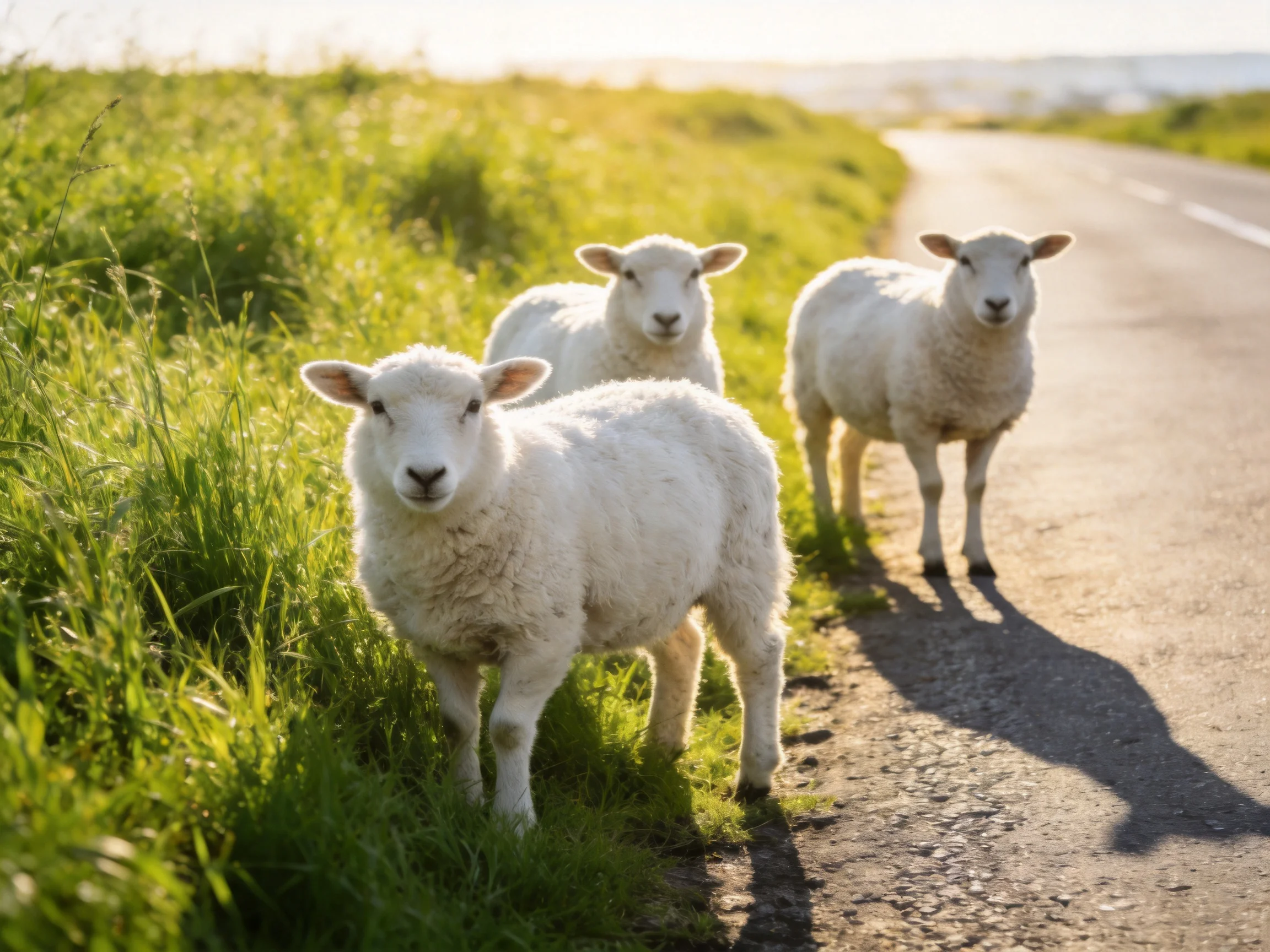 Three fluffy white lambs by a sunlit country road