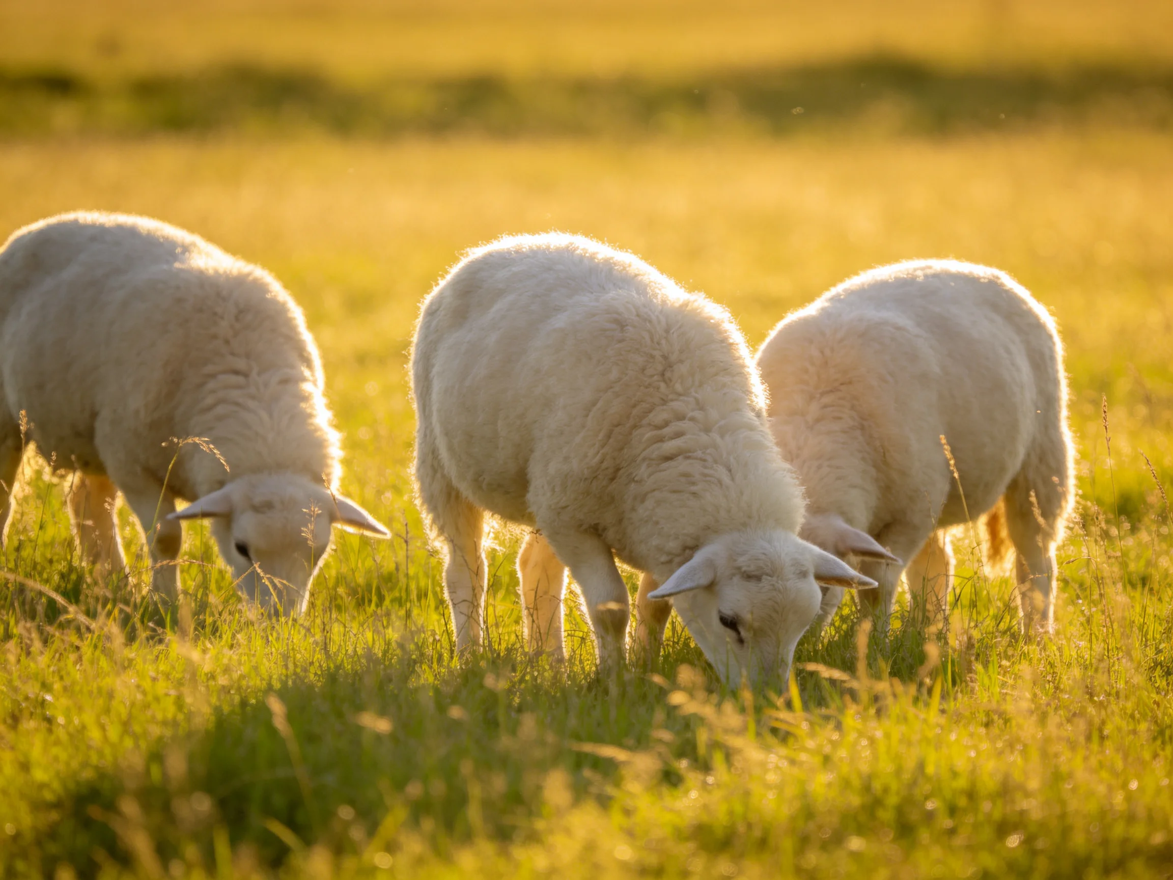 Three white lambs graze in a sunlit meadow.