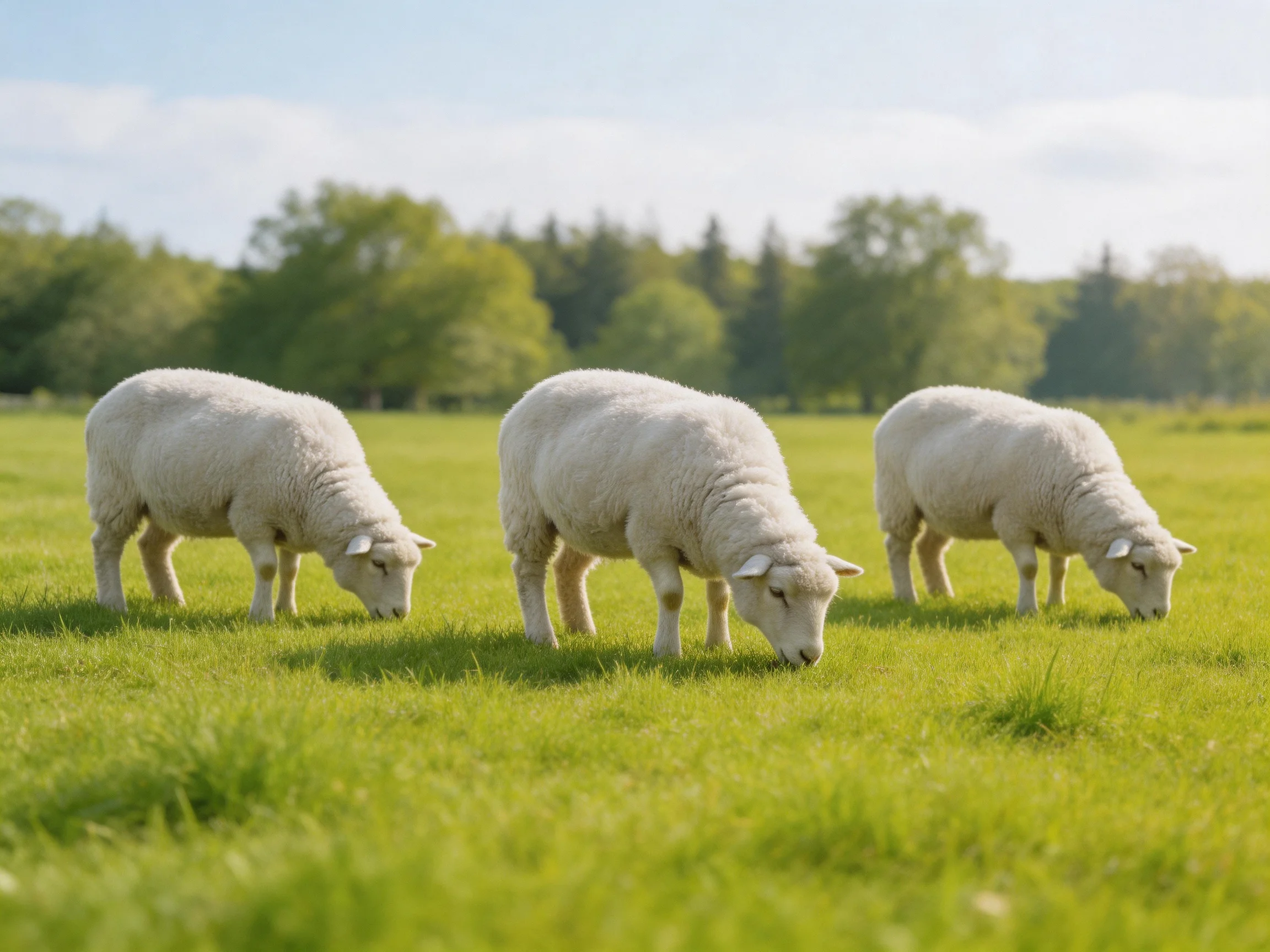 Three fluffy white lambs graze in a lush green meadow