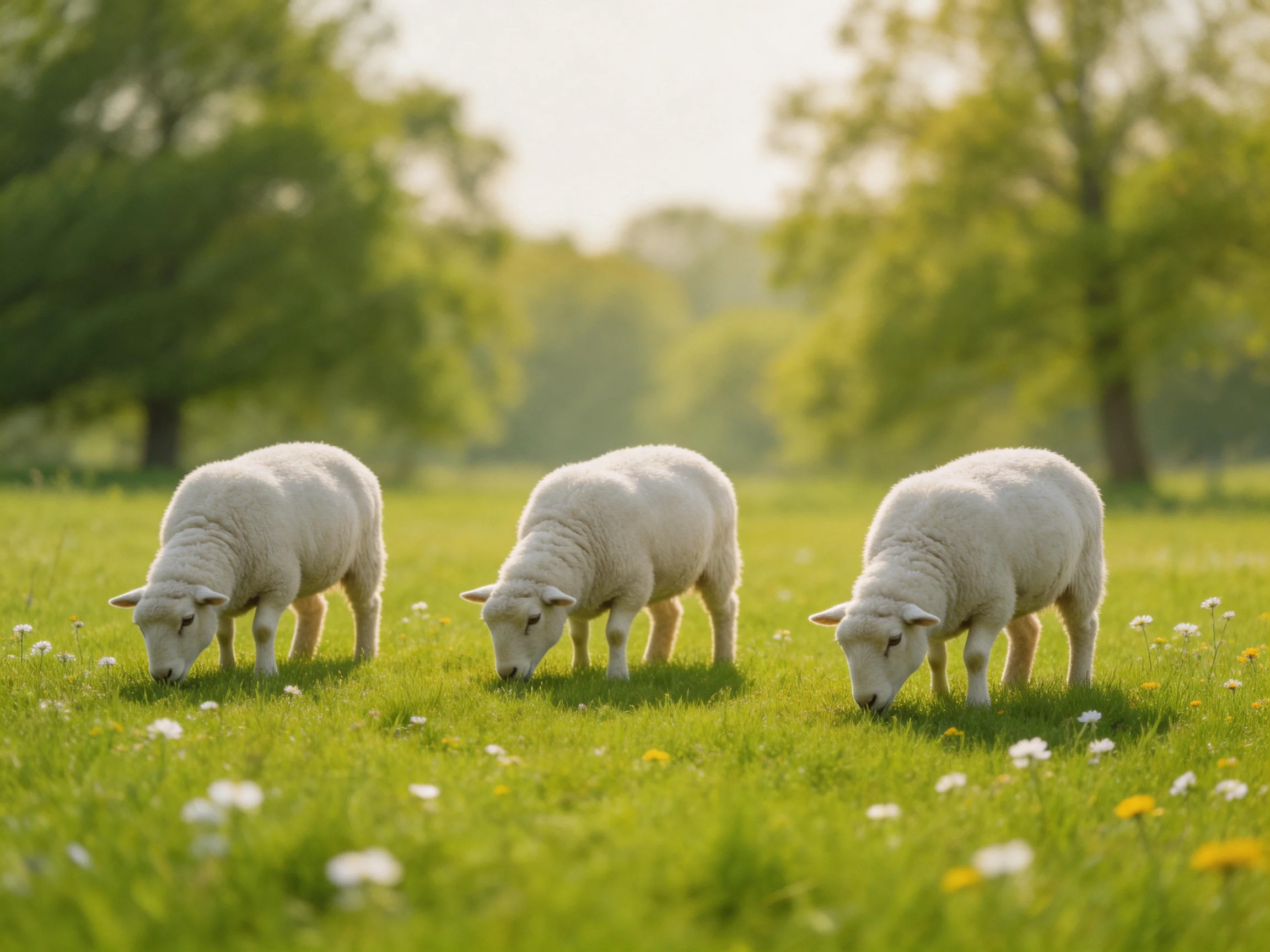 Three fluffy white lambs graze in a lush green meadow