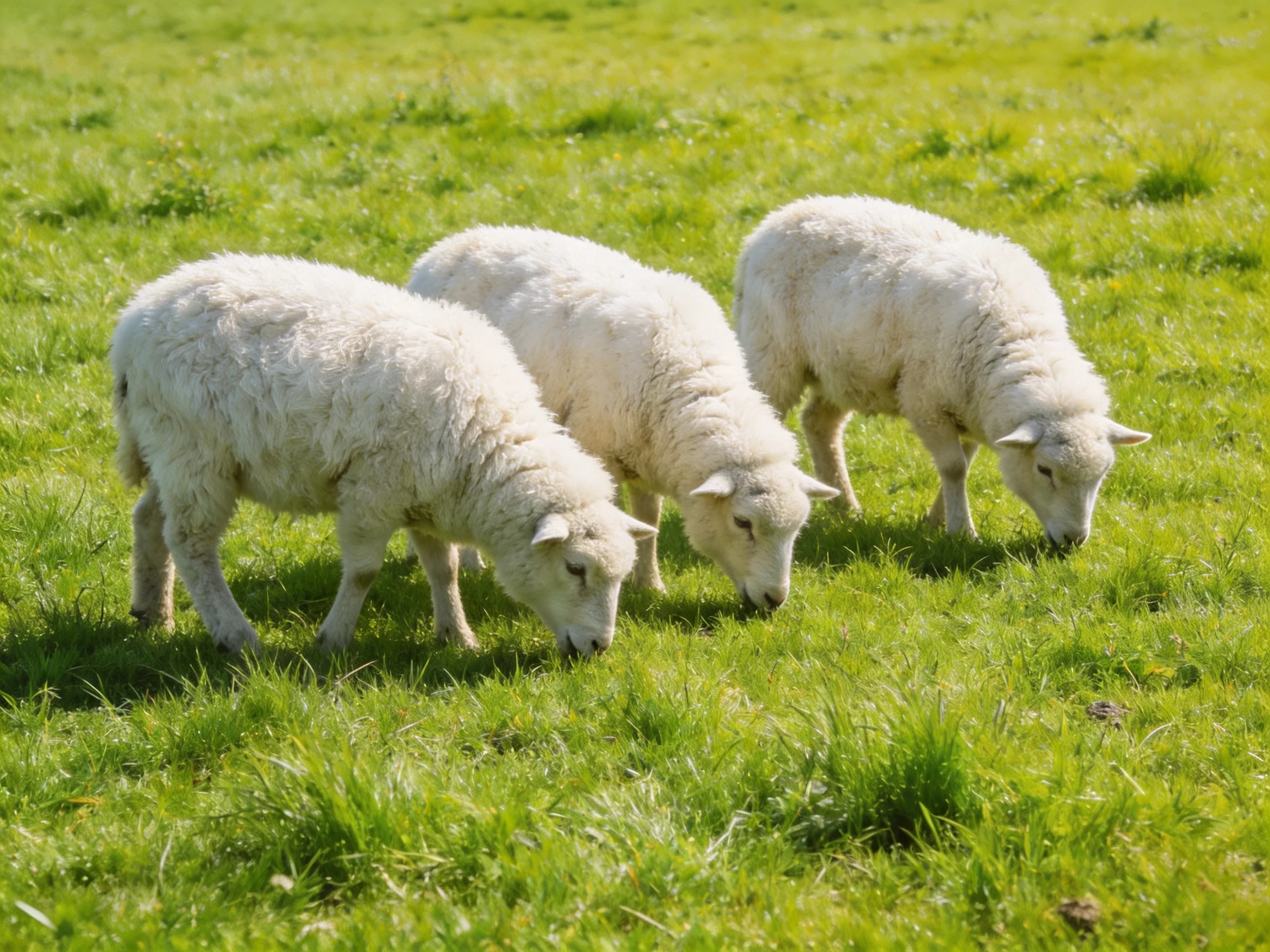 Three young sheep graze in a bright green field.