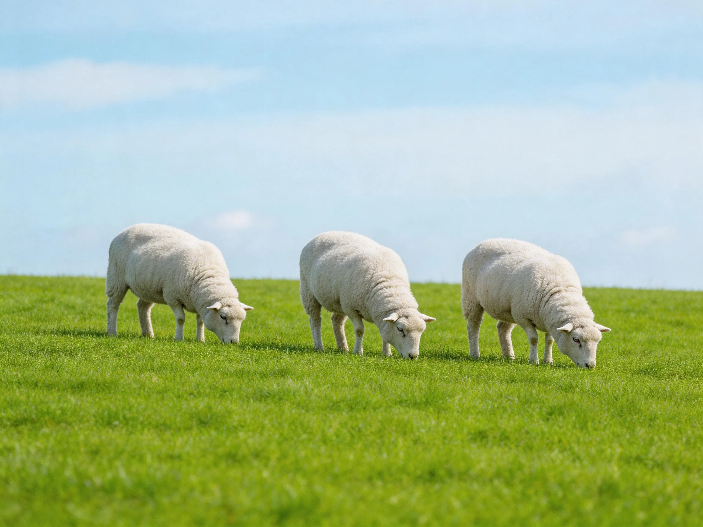 Three fluffy white lambs graze in a lush green pasture