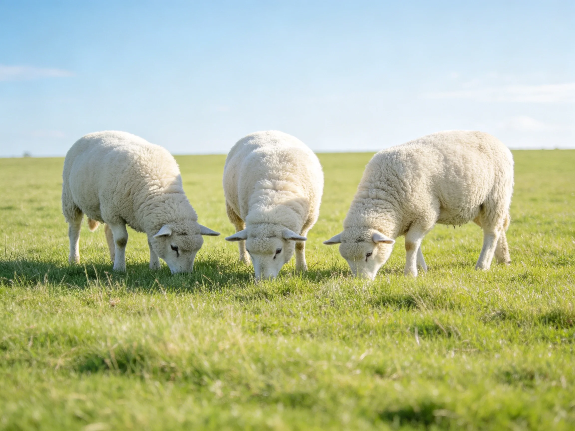 Three fluffy white lambs graze in a lush green pasture