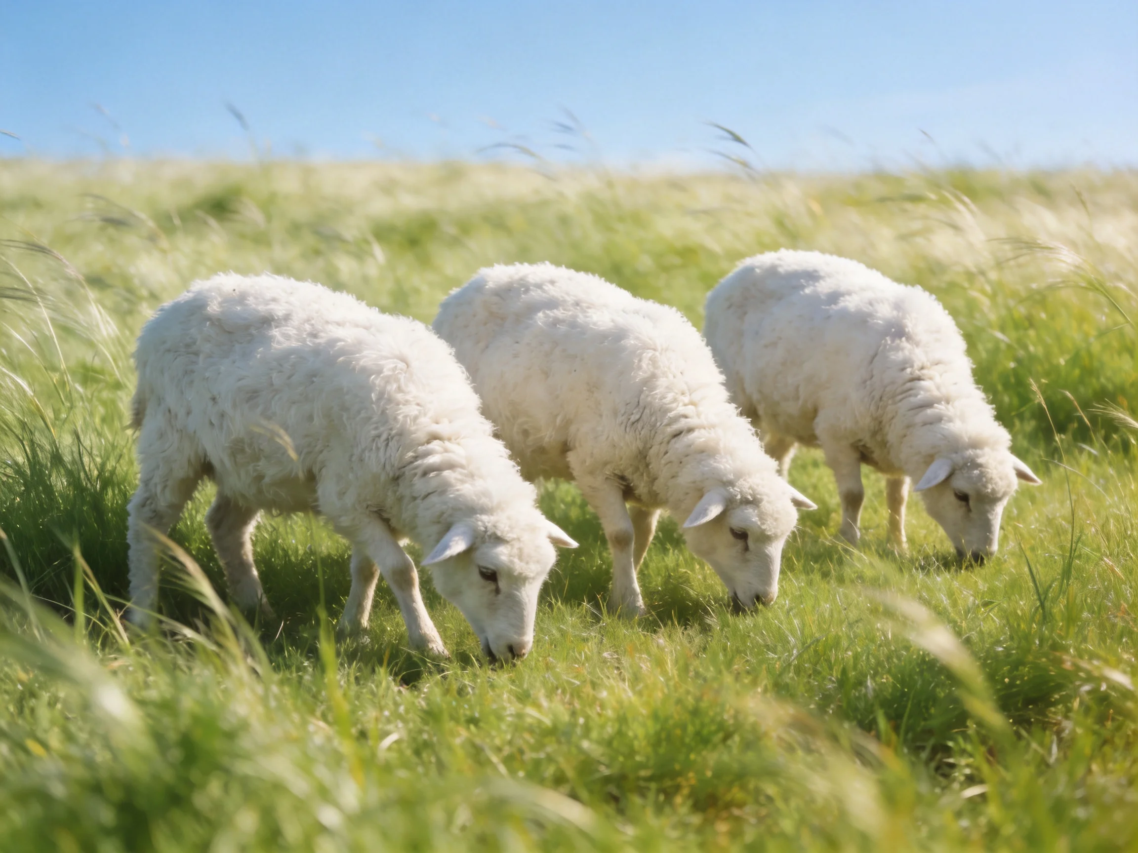 Three white lambs graze in a sunlit green meadow.