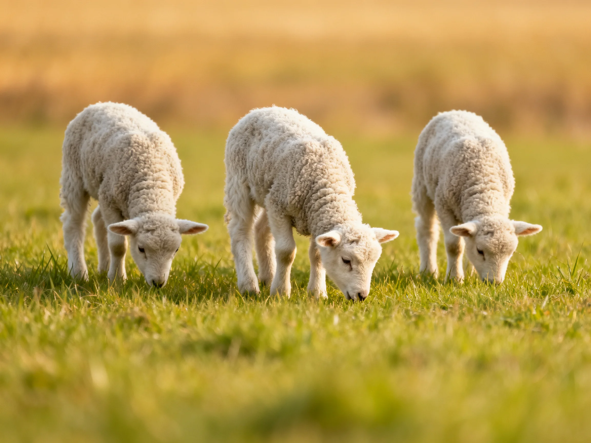 Three young sheep graze peacefully in a sunlit grassy field.