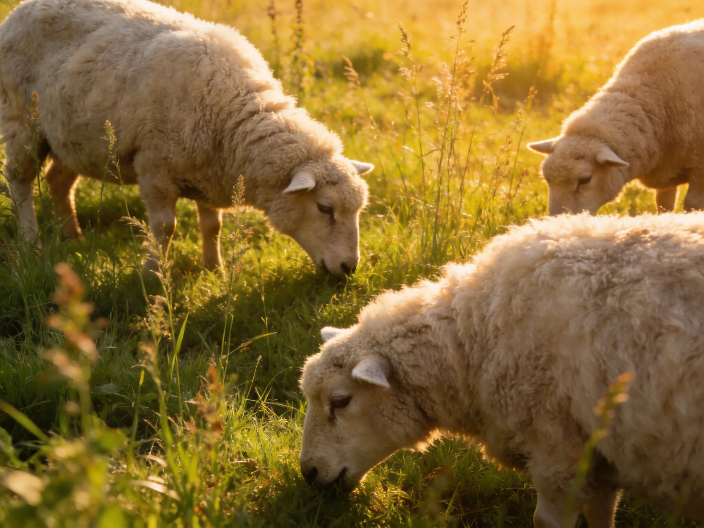 Three sheep graze in a sunlit meadow with lush grass.