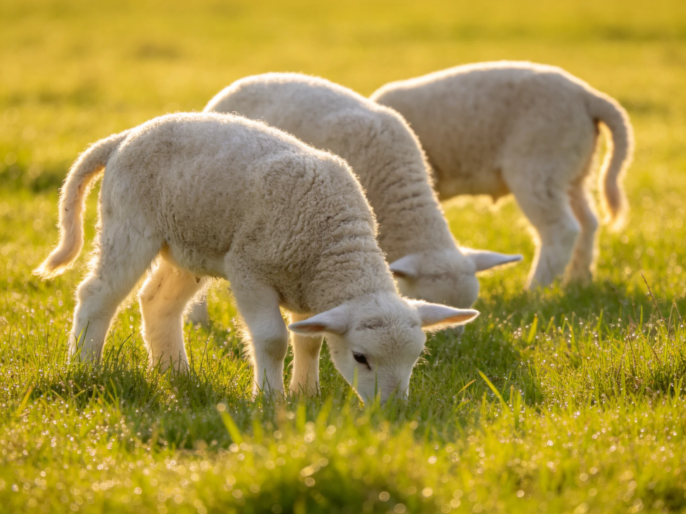 Three fluffy white lambs graze in a sunlit green meadow