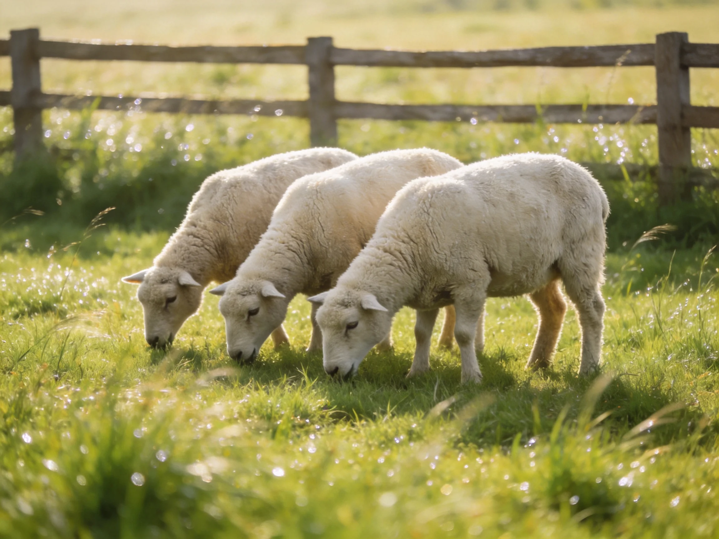 Three sheep graze in a sunlit green pasture near a wooden fence.