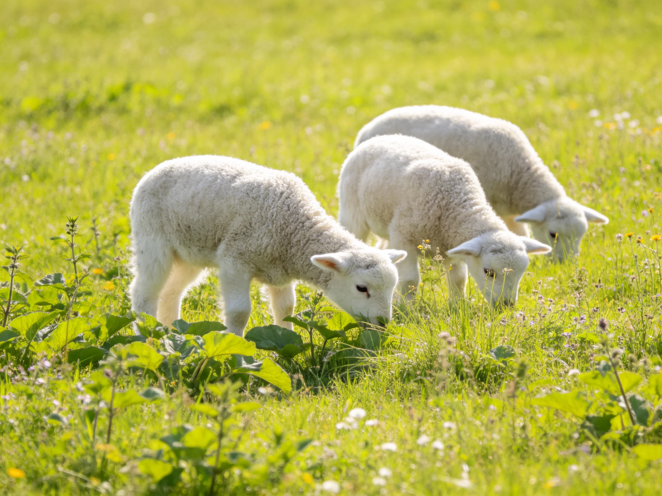 Three fluffy white lambs grazing in a lush green meadow